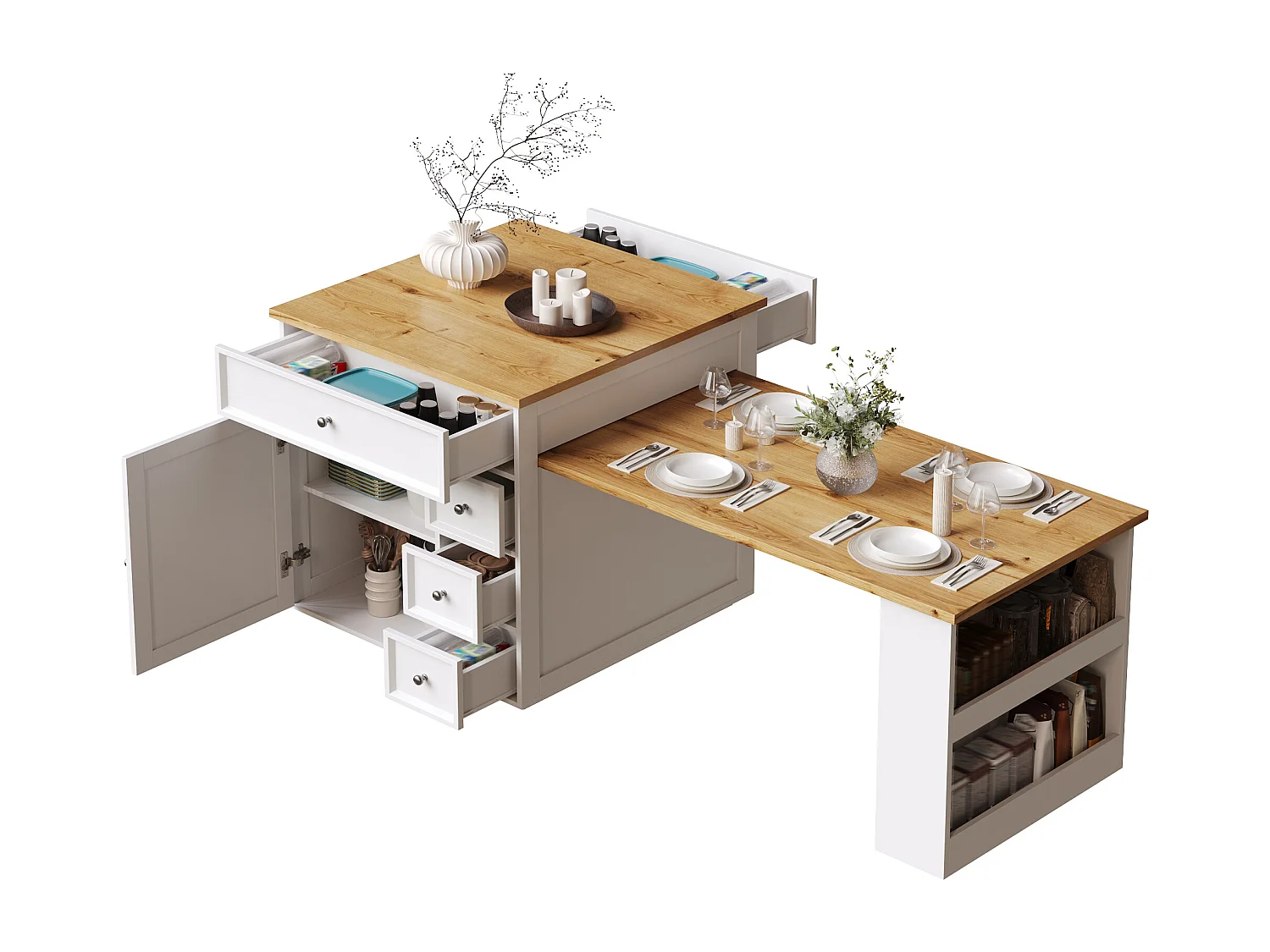 Îlot central plateau extensible - 120/184 x 70 x 94 cm - avec tiroirs + roulettes + porte - MDF - blanc