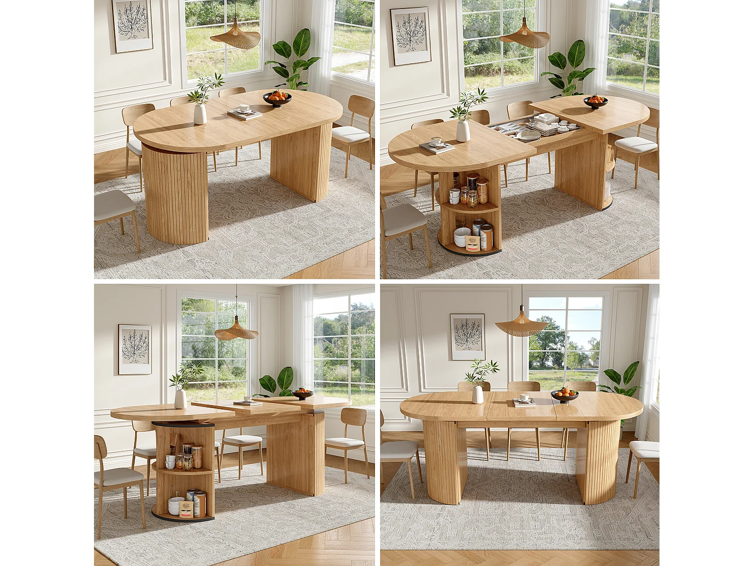 Table à manger extensible - 120/160 x 80 x 76 cm - pour 4 à 6 personnes - avec rangement - MDF - naturel