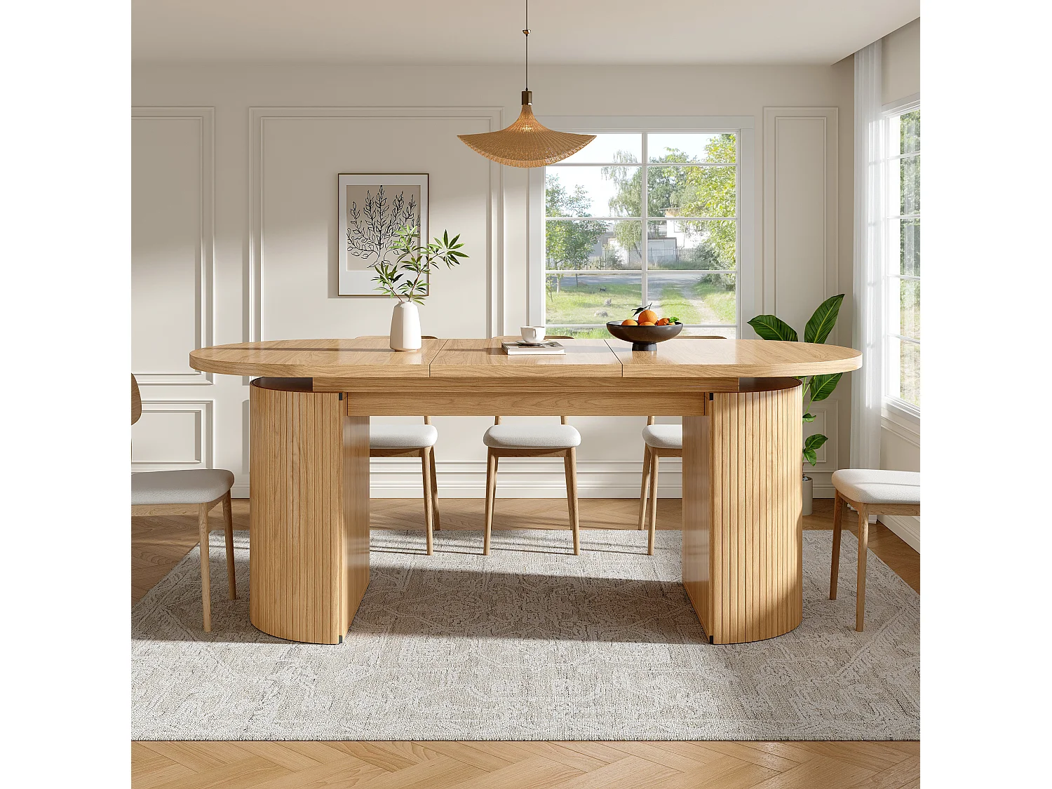 Table à manger extensible - 120/160 x 80 x 76 cm - pour 4 à 6 personnes - avec rangement - MDF - naturel