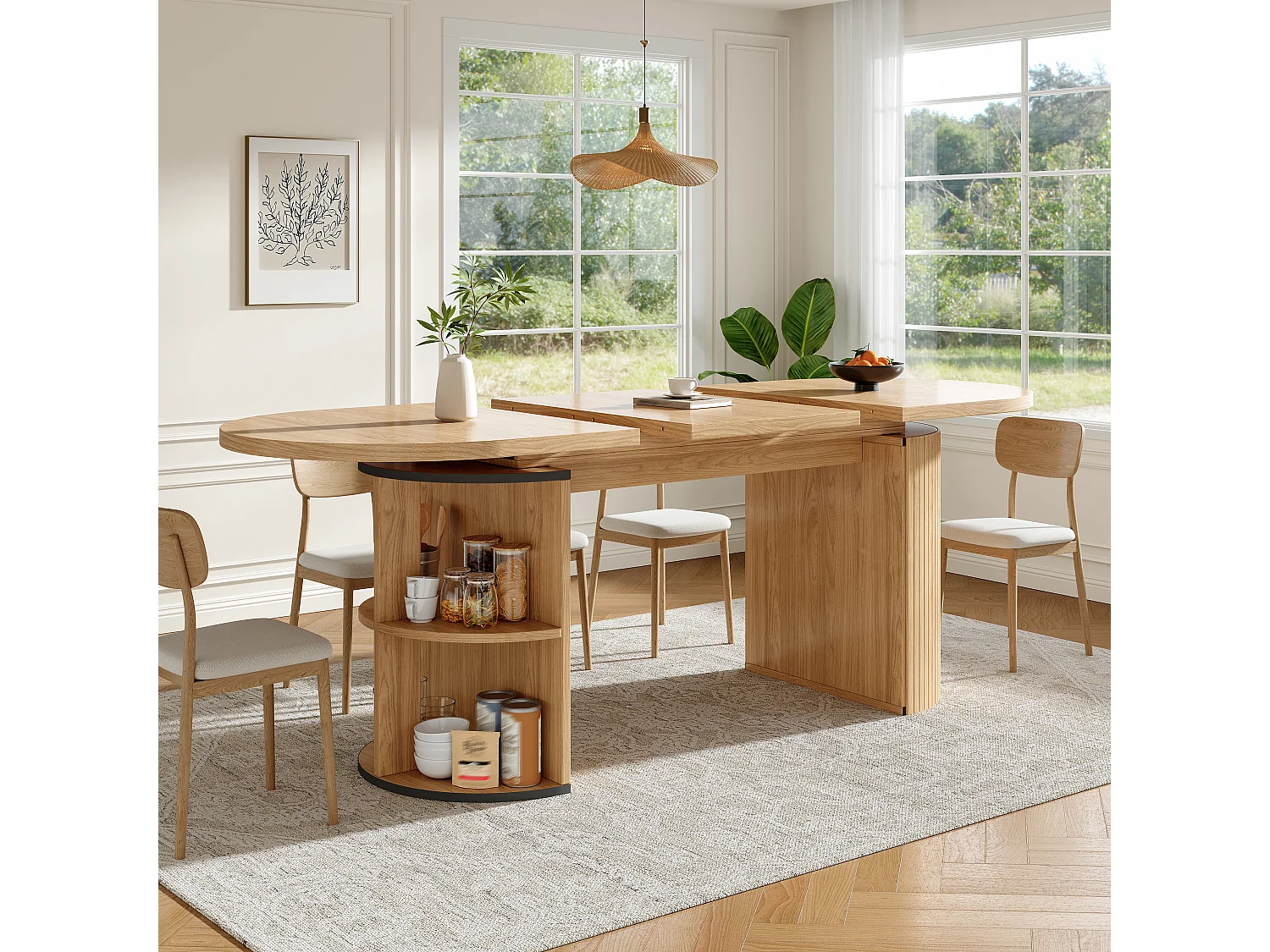 Table à manger extensible - 120/160 x 80 x 76 cm - pour 4 à 6 personnes - avec rangement - MDF - naturel