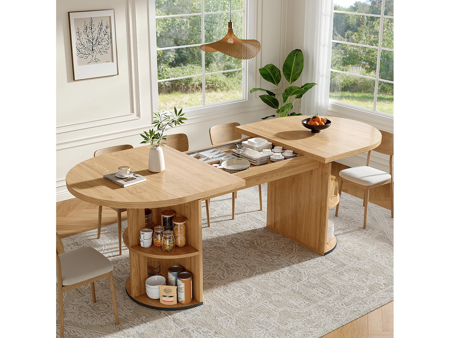Table à manger extensible - 120/160 x 80 x 76 cm - pour 4 à 6 personnes - avec rangement - MDF - naturel