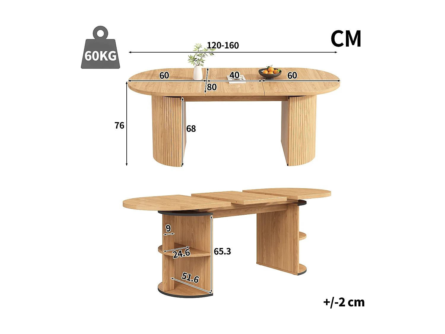 Table à manger extensible - 120/160 x 80 x 76 cm - pour 4 à 6 personnes - avec rangement - MDF - naturel