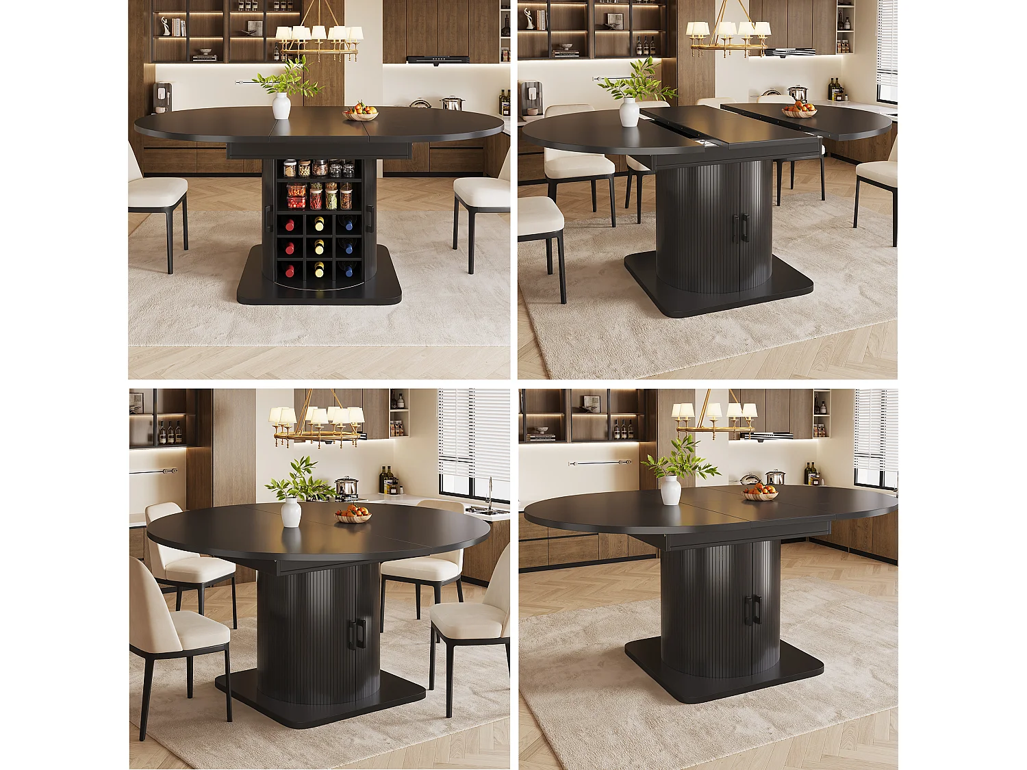 Table de salle à manger extensible - 118/158 x 118 x 76 cm - avec rangement + étagères amovibles - MDF + méral - noir