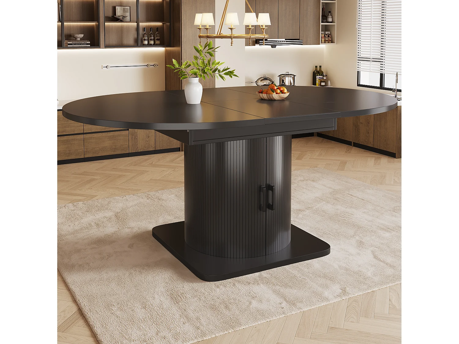 Table de salle à manger extensible - 118/158 x 118 x 76 cm - avec rangement + étagères amovibles - MDF + méral - noir