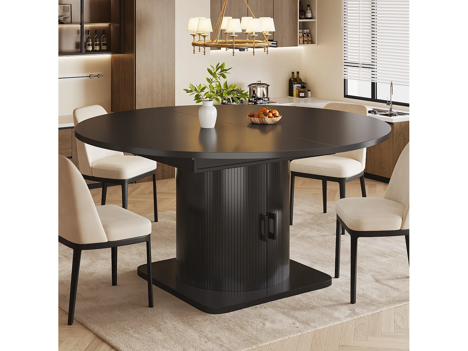 Table de salle à manger extensible - 118/158 x 118 x 76 cm - avec rangement + étagères amovibles - MDF + méral - noir