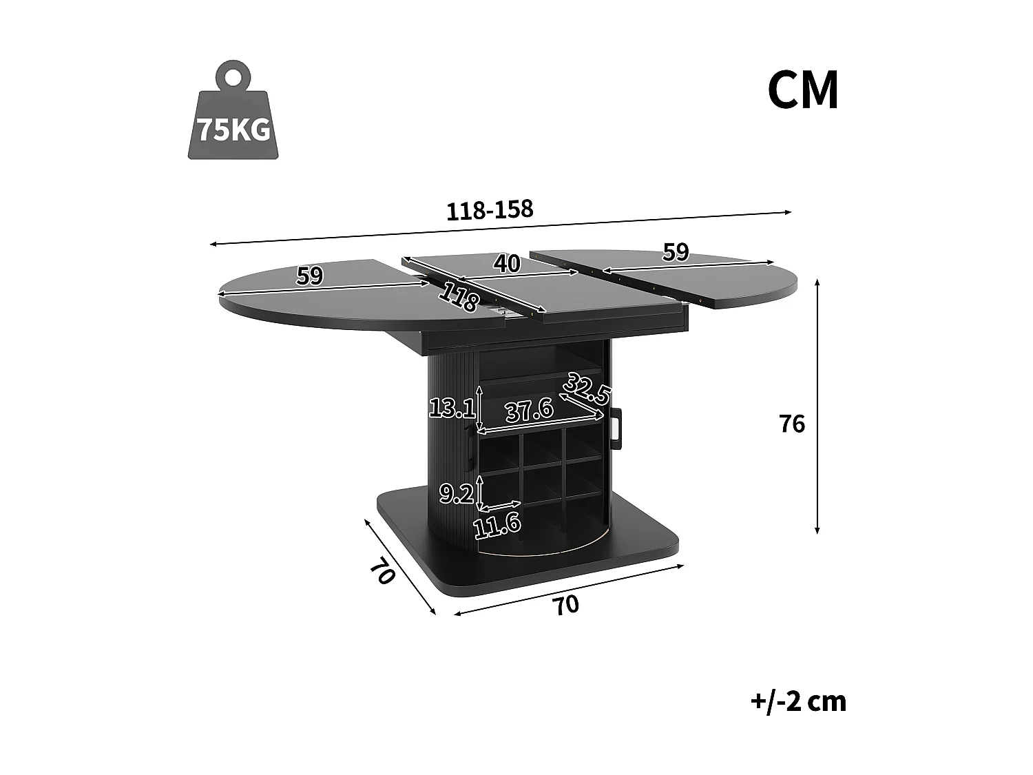Table de salle à manger extensible - 118/158 x 118 x 76 cm - avec rangement + étagères amovibles - MDF + méral - noir
