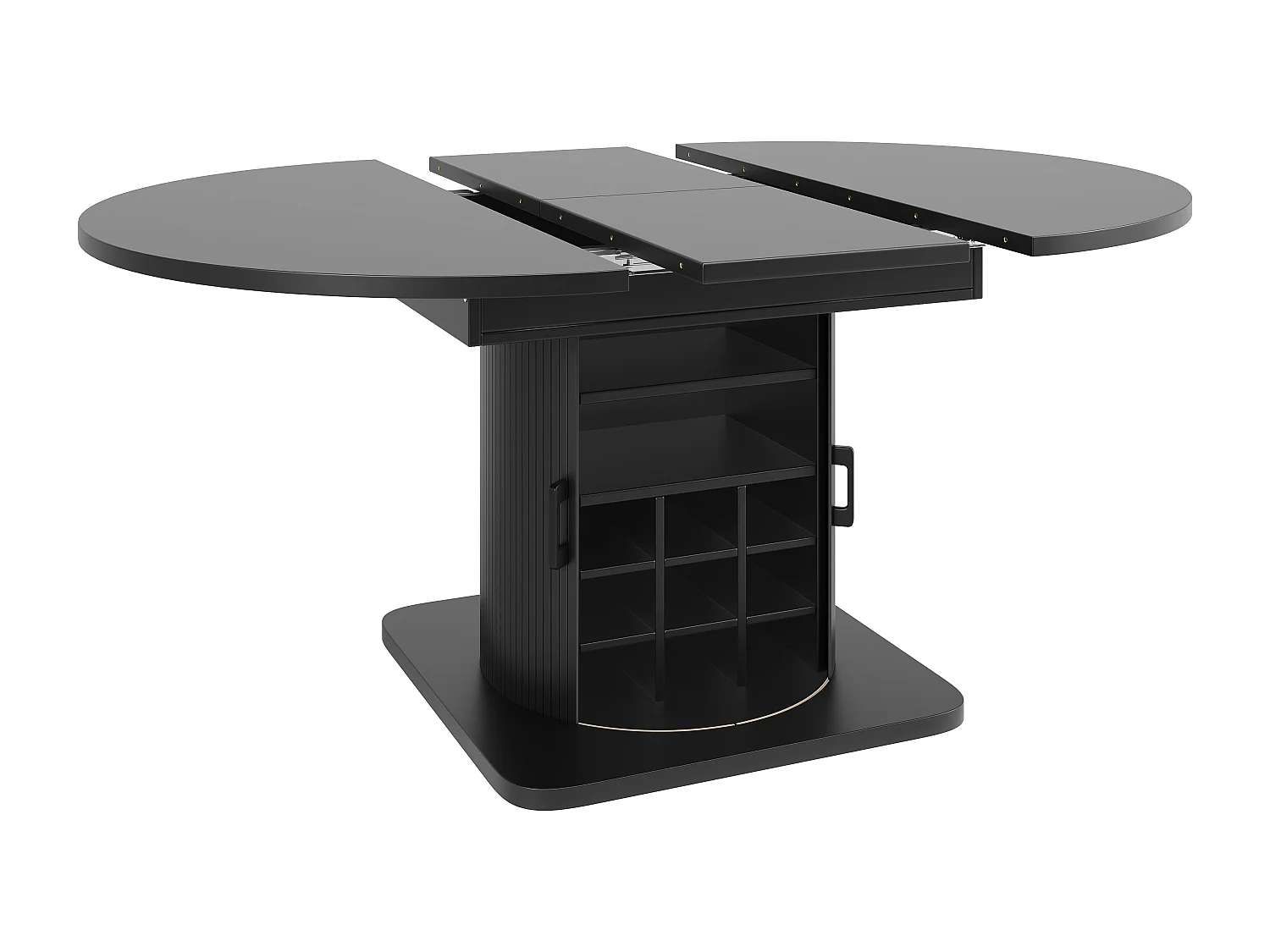 Table de salle à manger extensible - 118/158 x 118 x 76 cm - avec rangement + étagères amovibles - MDF + méral - noir