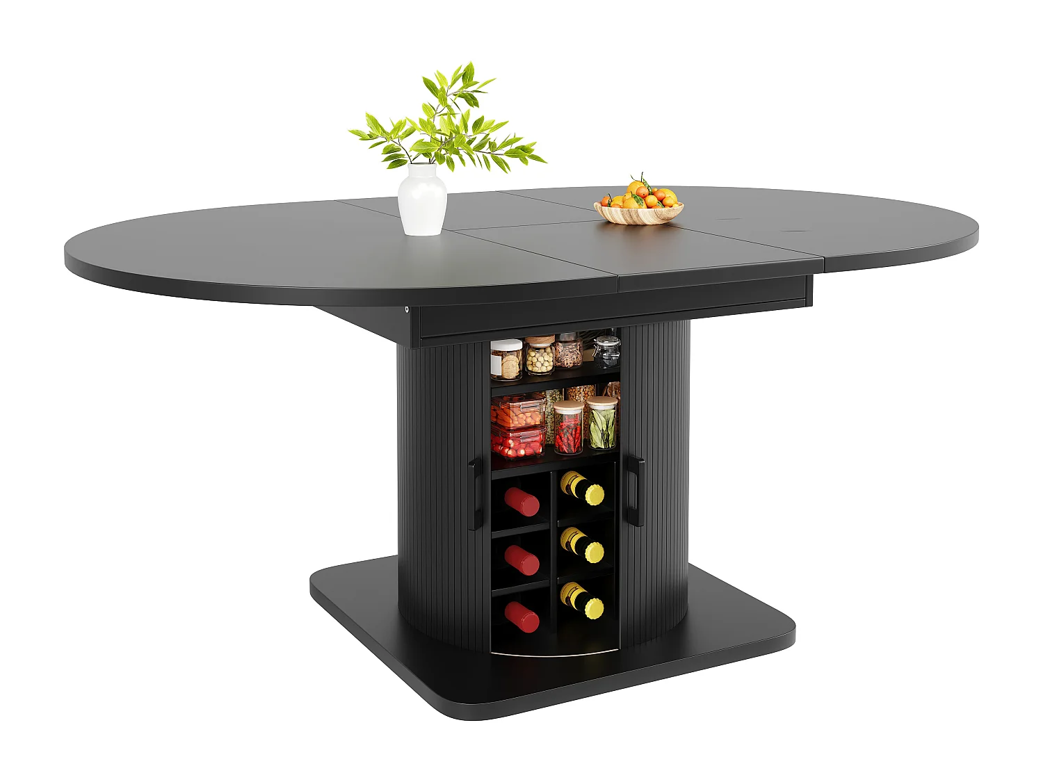 Table de salle à manger extensible - 118/158 x 118 x 76 cm - avec rangement + étagères amovibles - MDF + méral - noir