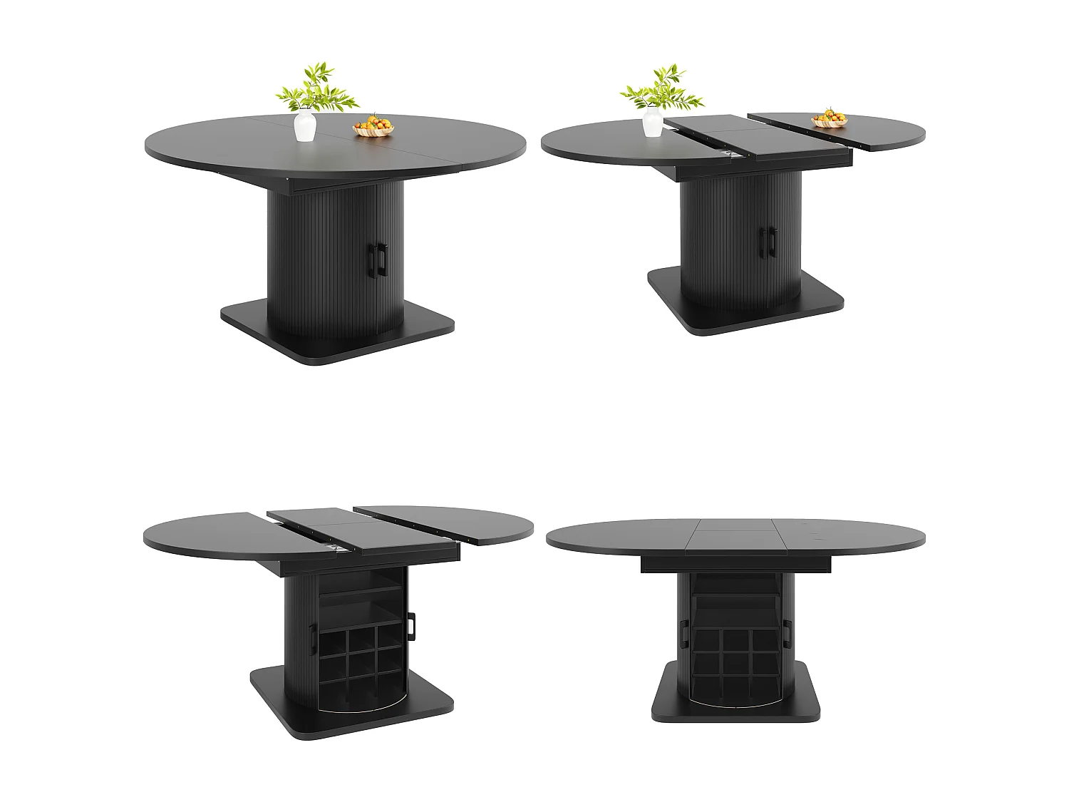 Table de salle à manger extensible - 118/158 x 118 x 76 cm - avec rangement + étagères amovibles - MDF + méral - noir