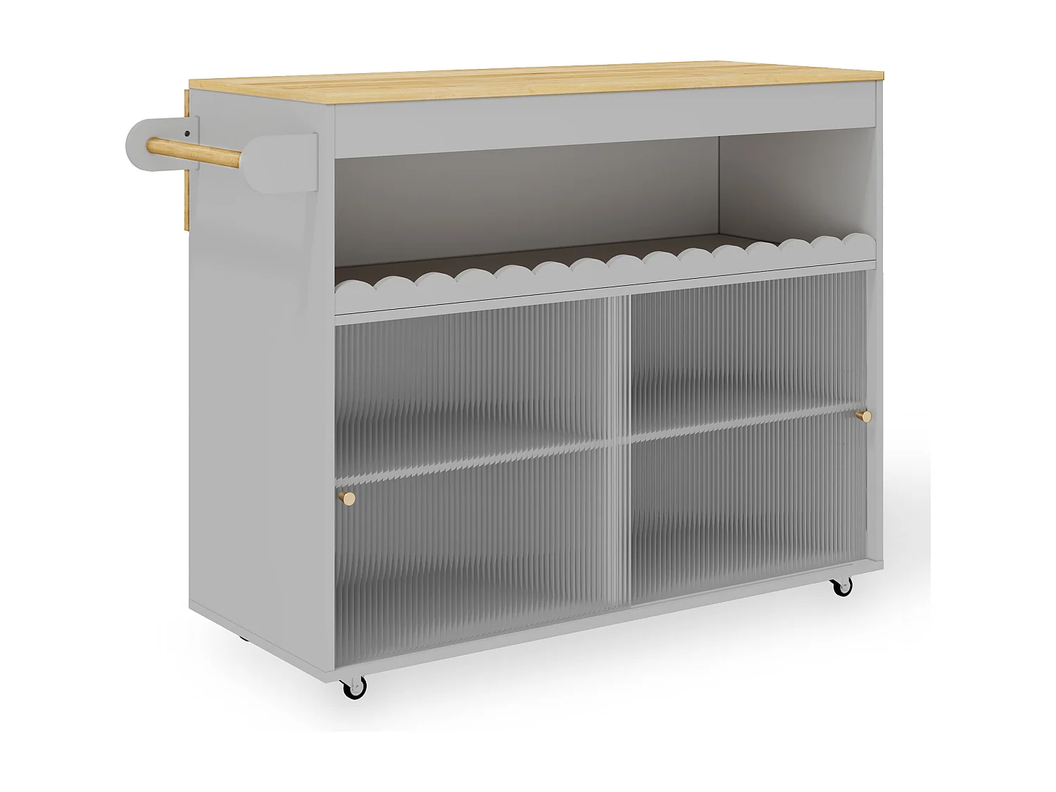 Îlot central pliable - 122 x 46 (69) x 91 cm - avec portes coulissantes en verre trempé + étagère - MDF - gris
