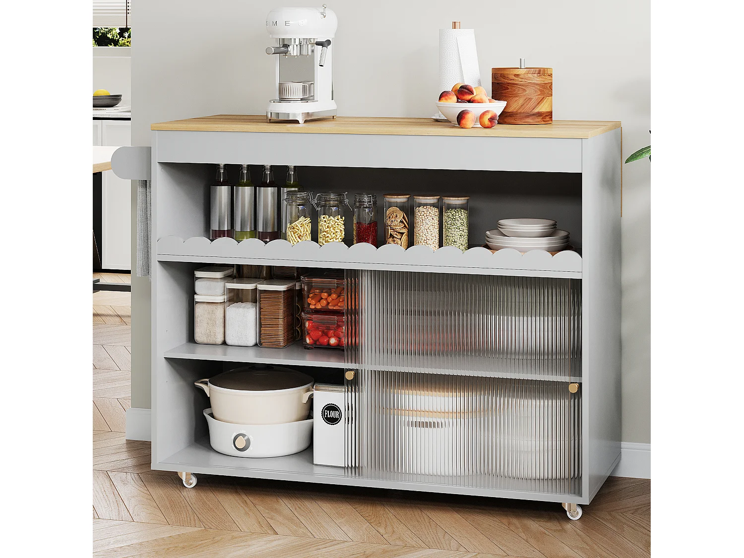 Îlot central pliable - 122 x 46 (69) x 91 cm - avec portes coulissantes en verre trempé + étagère - MDF - gris
