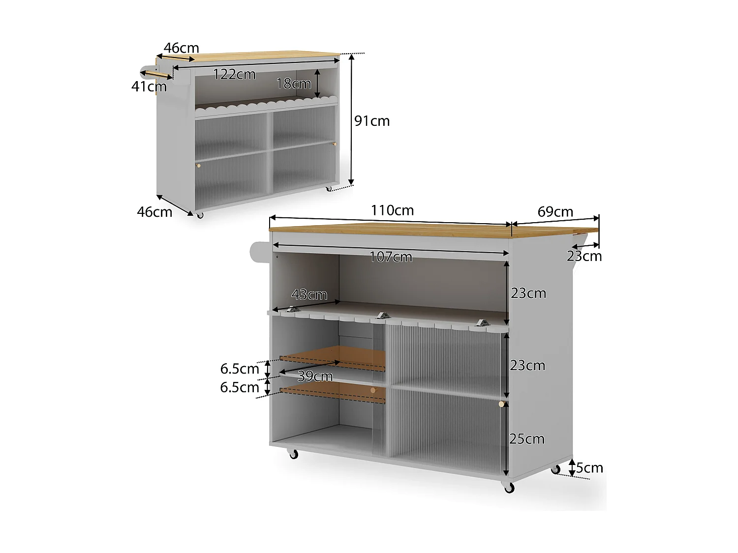 Îlot central pliable - 122 x 46 (69) x 91 cm - avec portes coulissantes en verre trempé + étagère - MDF - gris