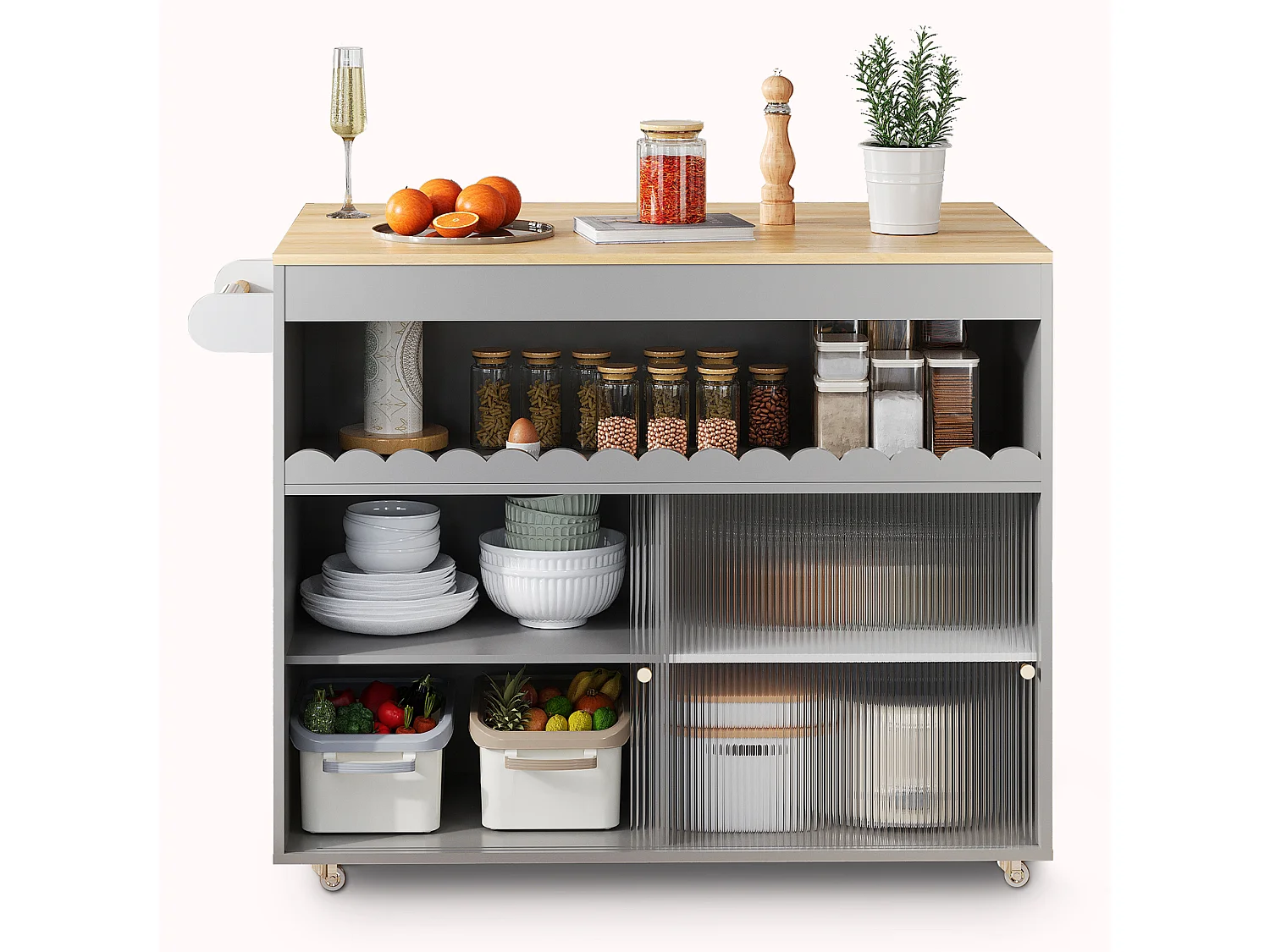 Îlot central pliable - 122 x 46 (69) x 91 cm - avec portes coulissantes en verre trempé + étagère - MDF - gris