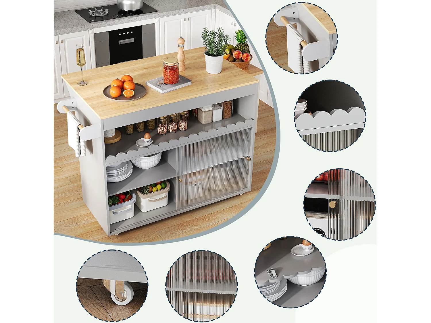 Îlot central pliable - 122 x 46 (69) x 91 cm - avec portes coulissantes en verre trempé + étagère - MDF - gris