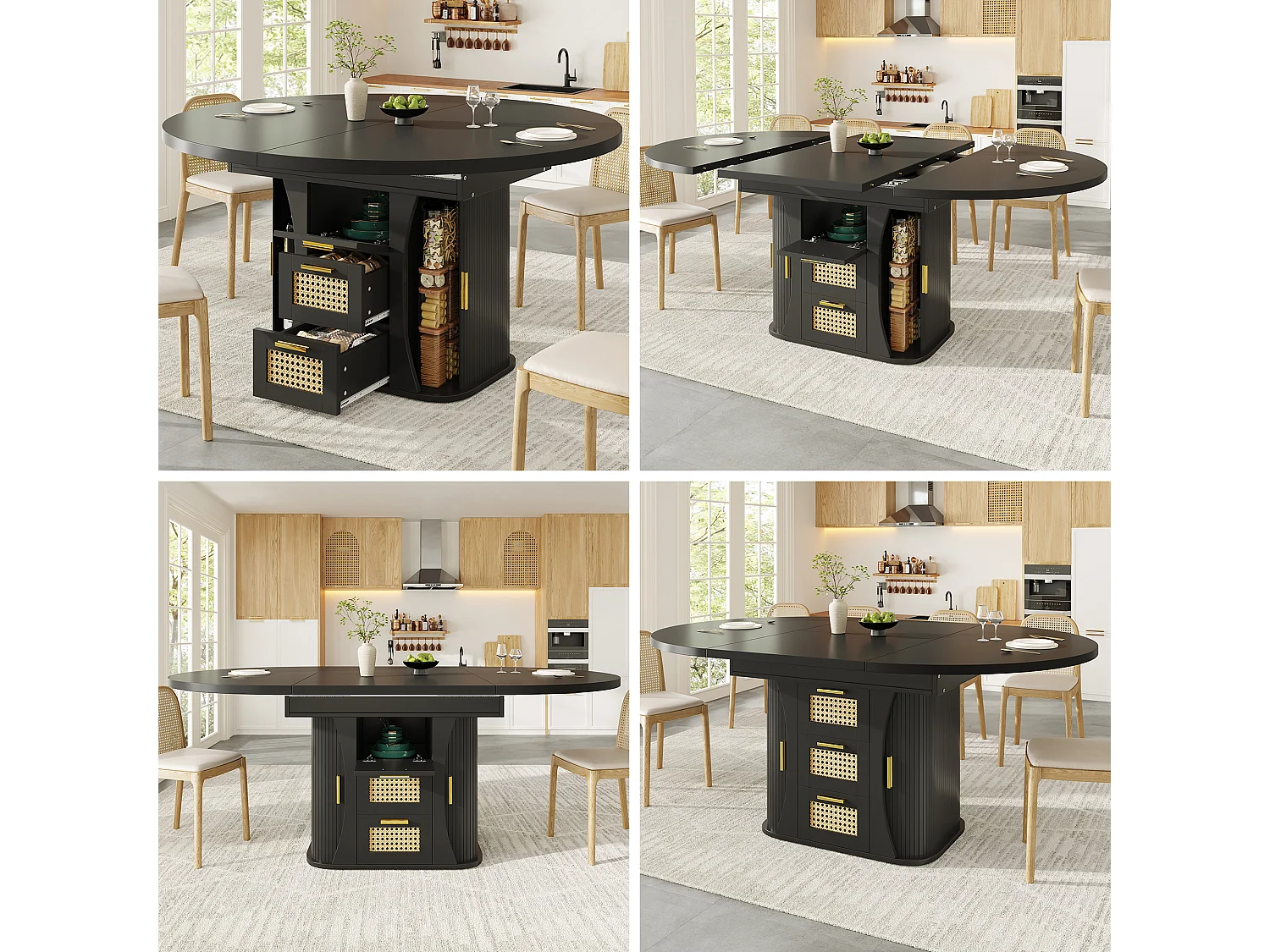 Table à manger extensible - 118/158 x 118 x 77.1 cm - avec portes + tiroirs en rotin - MDF - noir