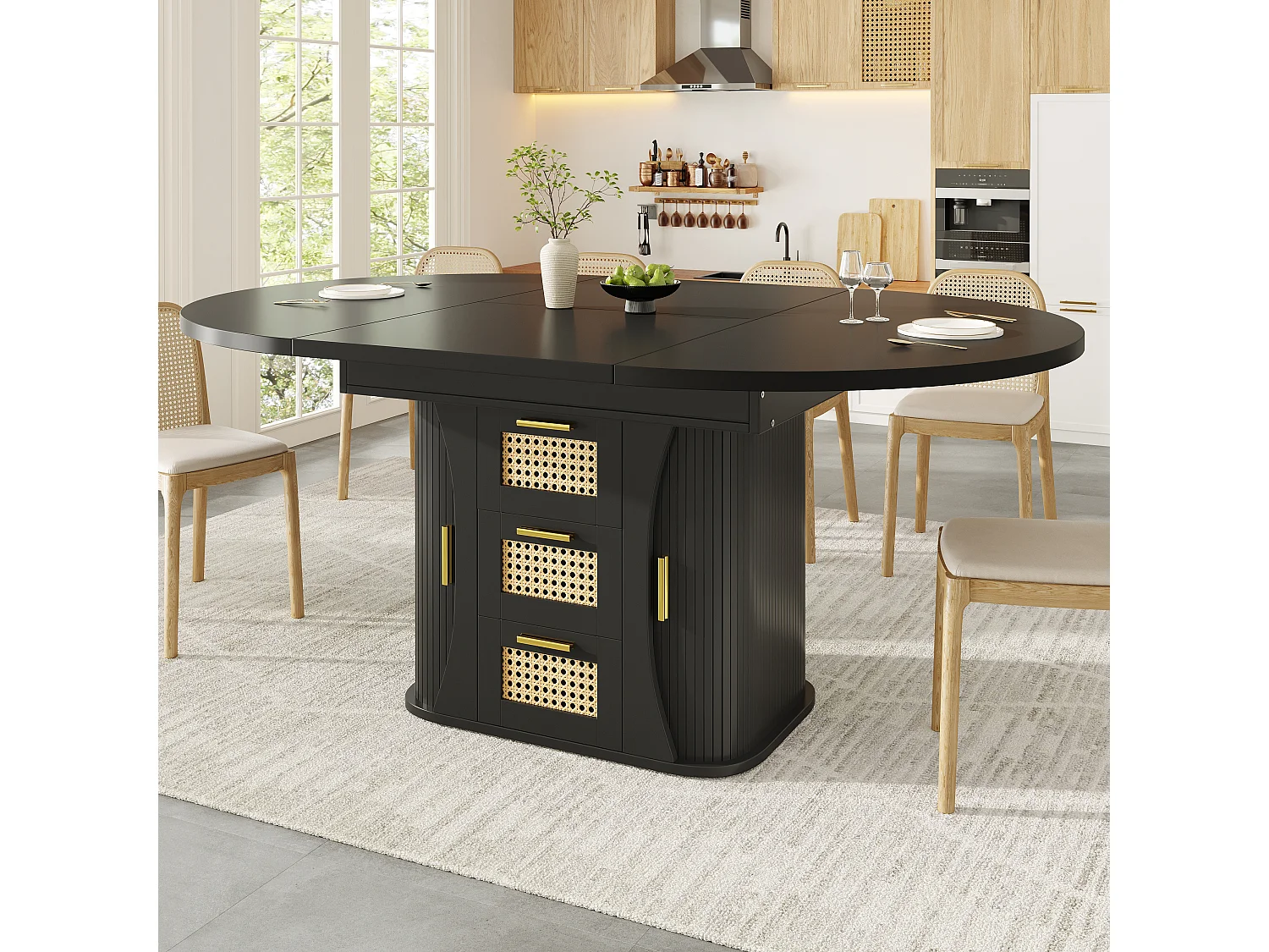 Table à manger extensible - 118/158 x 118 x 77.1 cm - avec portes + tiroirs en rotin - MDF - noir