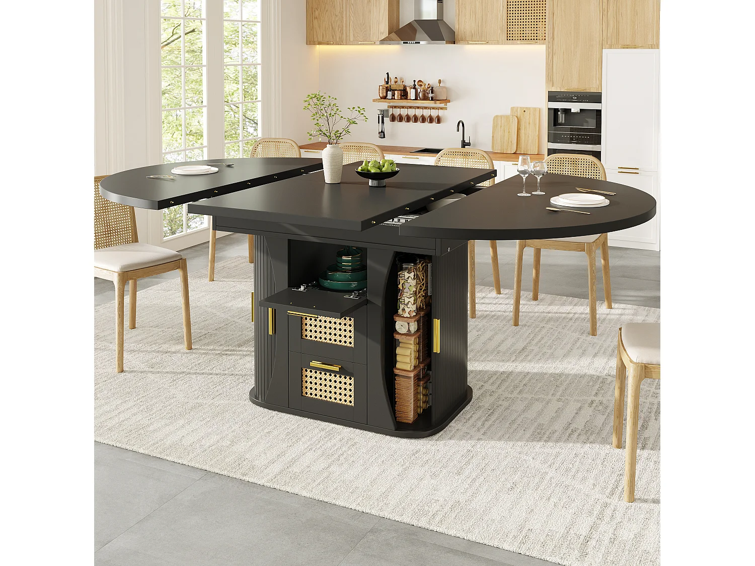 Table à manger extensible - 118/158 x 118 x 77.1 cm - avec portes + tiroirs en rotin - MDF - noir