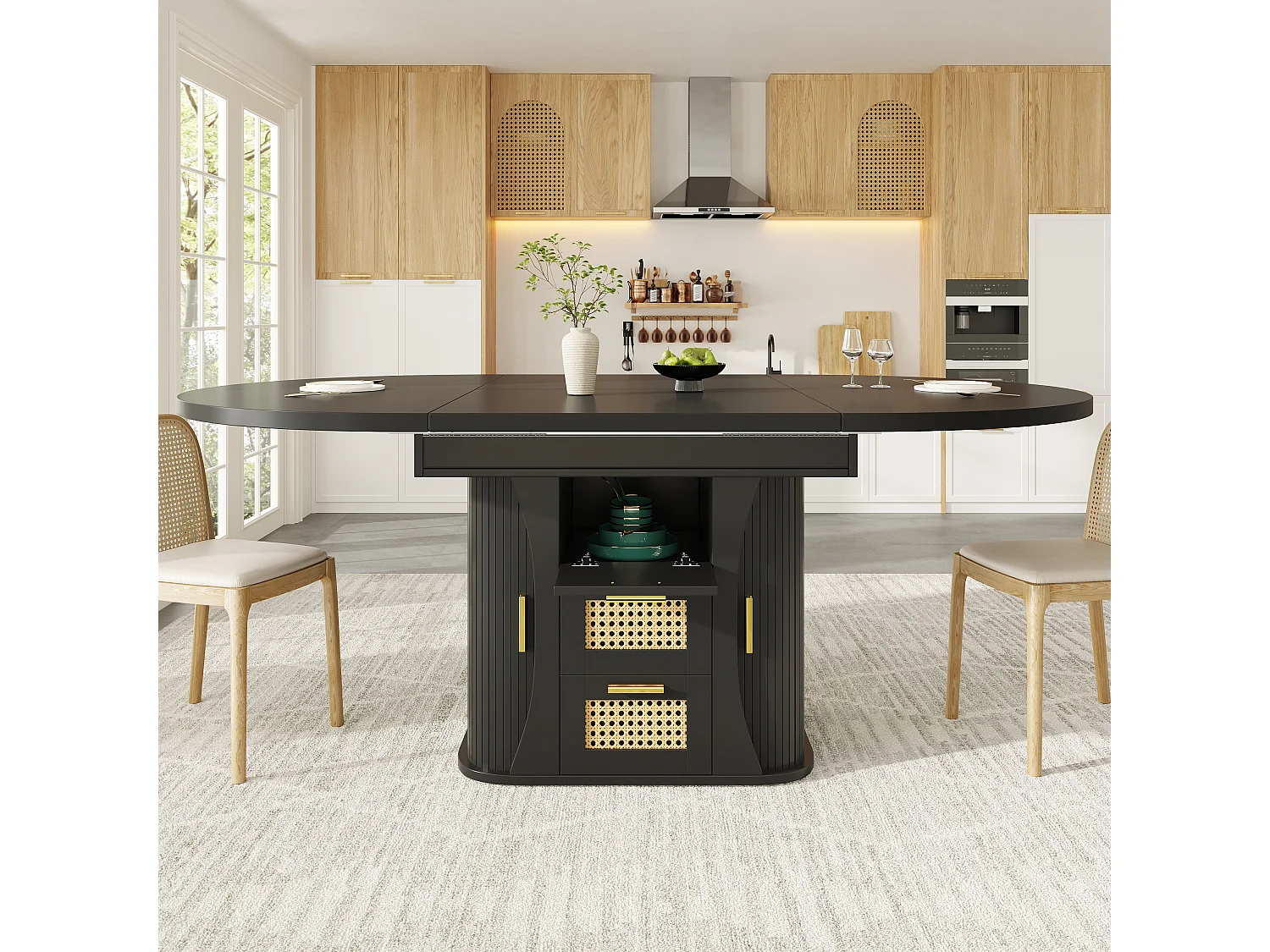 Table à manger extensible - 118/158 x 118 x 77.1 cm - avec portes + tiroirs en rotin - MDF - noir