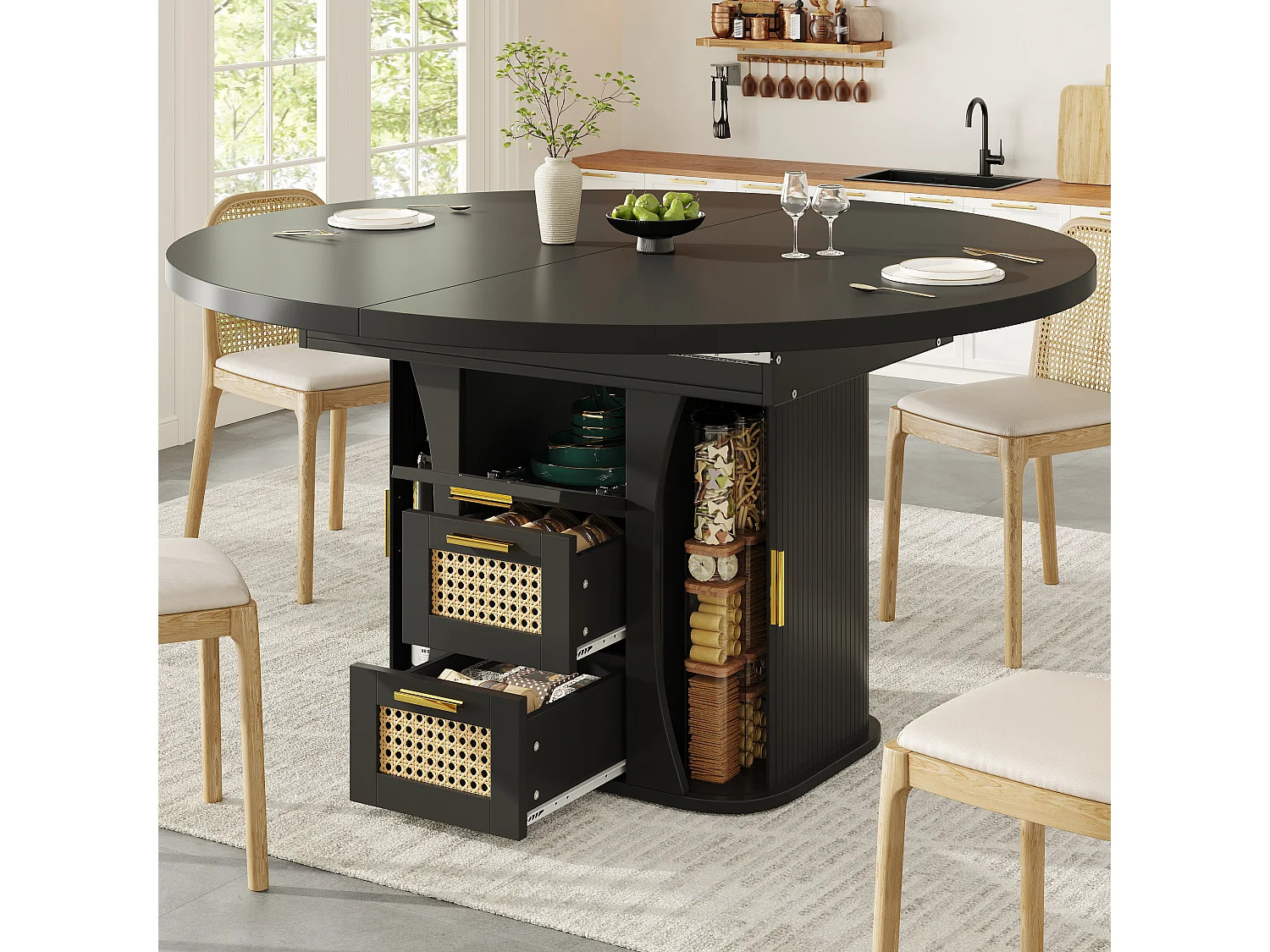 Table à manger extensible - 118/158 x 118 x 77.1 cm - avec portes + tiroirs en rotin - MDF - noir