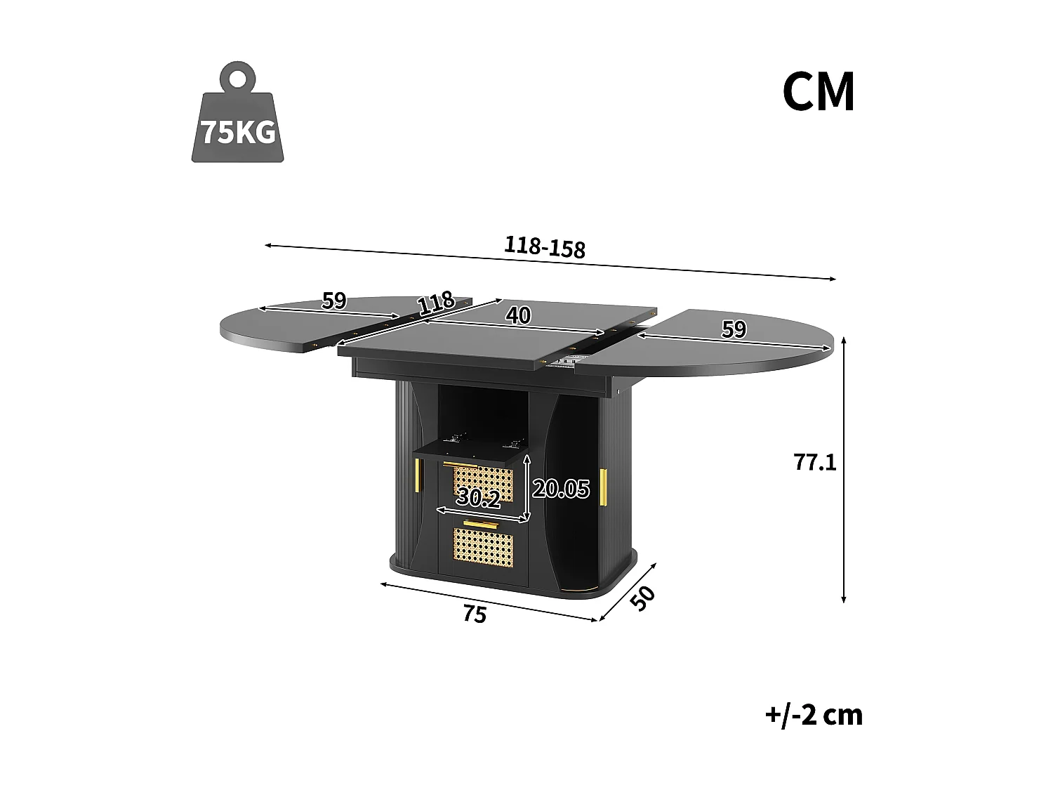 Table à manger extensible - 118/158 x 118 x 77.1 cm - avec portes + tiroirs en rotin - MDF - noir