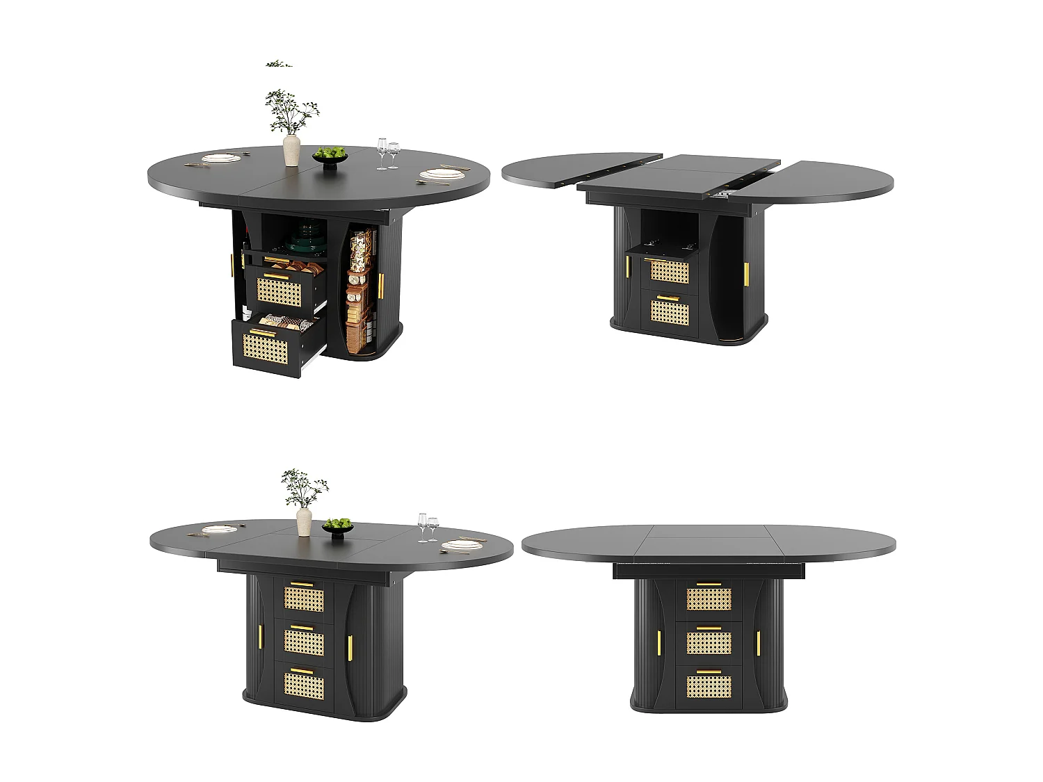 Table à manger extensible - 118/158 x 118 x 77.1 cm - avec portes + tiroirs en rotin - MDF - noir