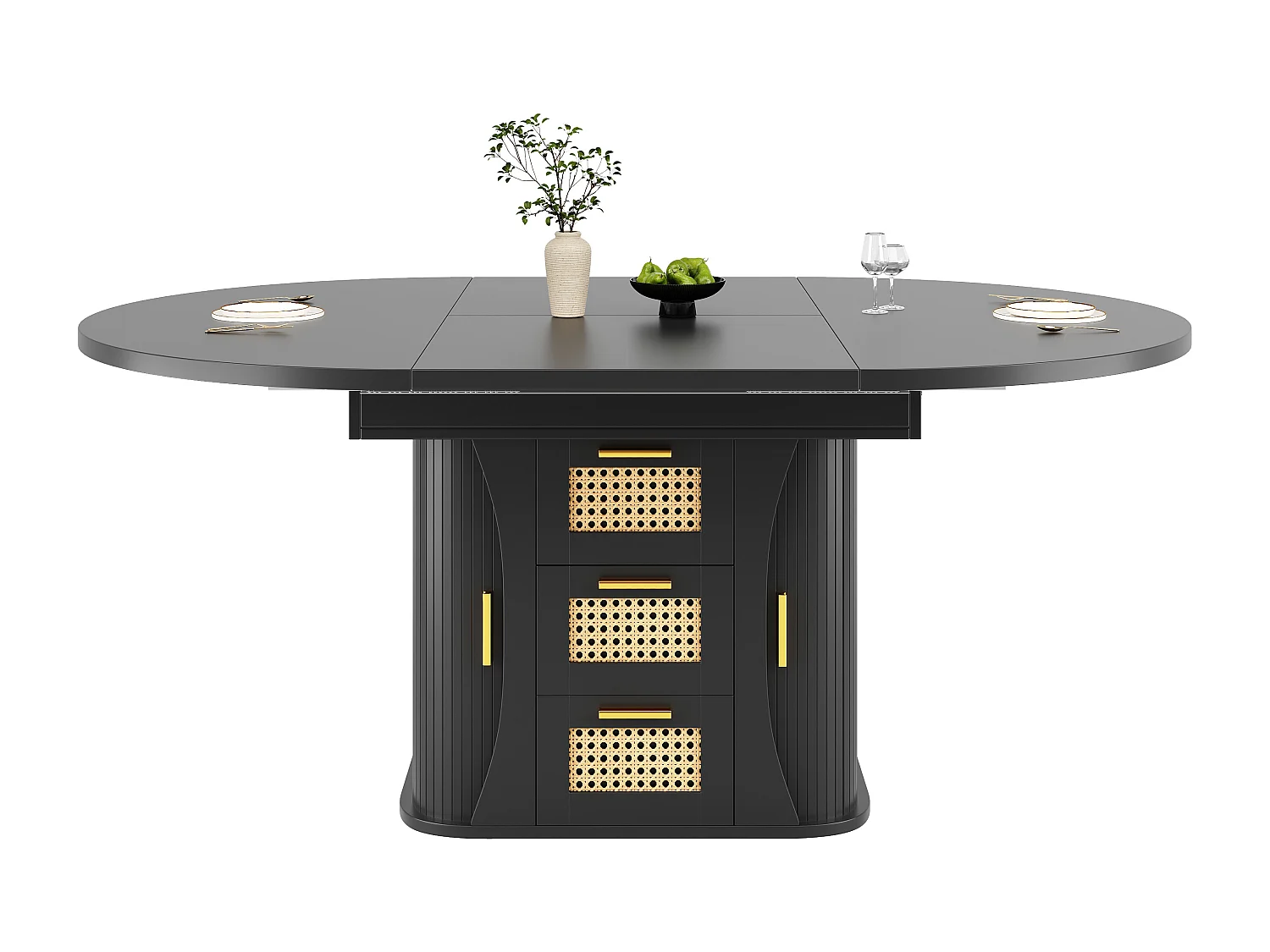Table à manger extensible - 118/158 x 118 x 77.1 cm - avec portes + tiroirs en rotin - MDF - noir