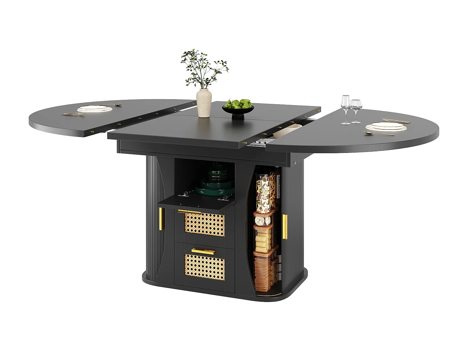 Table à manger extensible - 118/158 x 118 x 77.1 cm - avec portes + tiroirs en rotin - MDF - noir