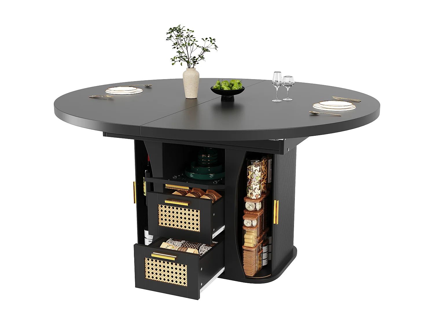 Table à manger extensible - 118/158 x 118 x 77.1 cm - avec portes + tiroirs en rotin - MDF - noir