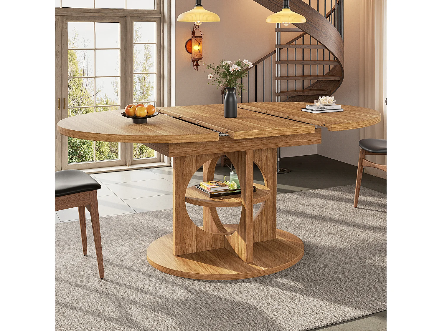 Table à manger extensible - 110/150 x 110 x 76 cm - pour 4 à 6 personnes - avec rangement - MDF - naturel