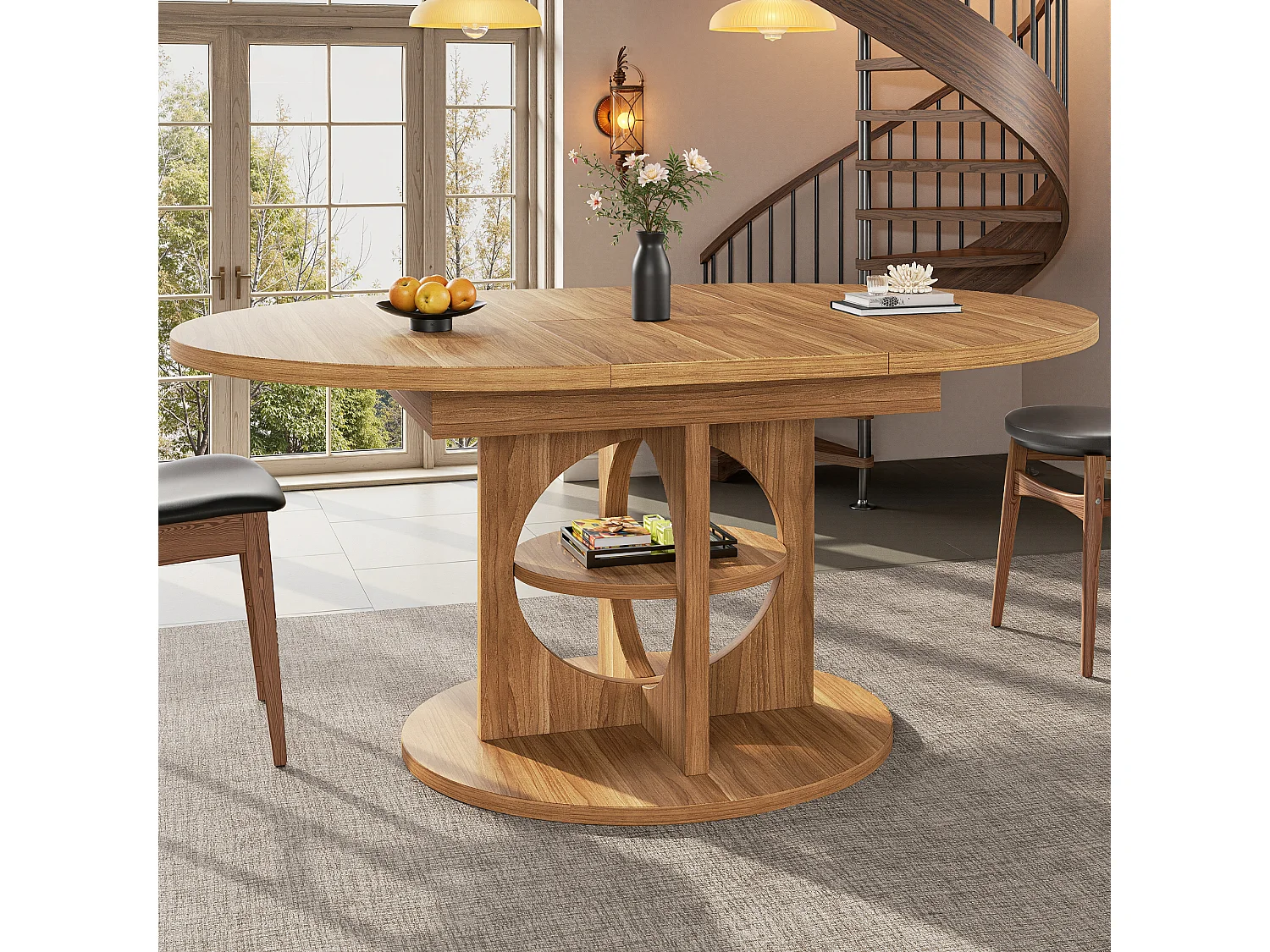 Table à manger extensible - 110/150 x 110 x 76 cm - pour 4 à 6 personnes - avec rangement - MDF - naturel