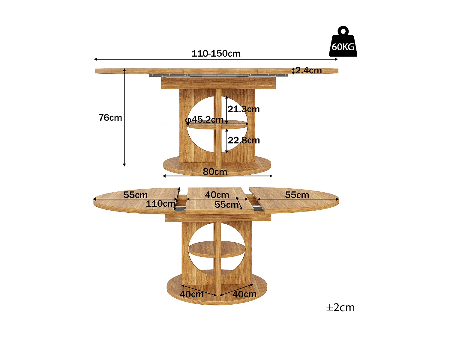 Table à manger extensible - 110/150 x 110 x 76 cm - pour 4 à 6 personnes - avec rangement - MDF - naturel