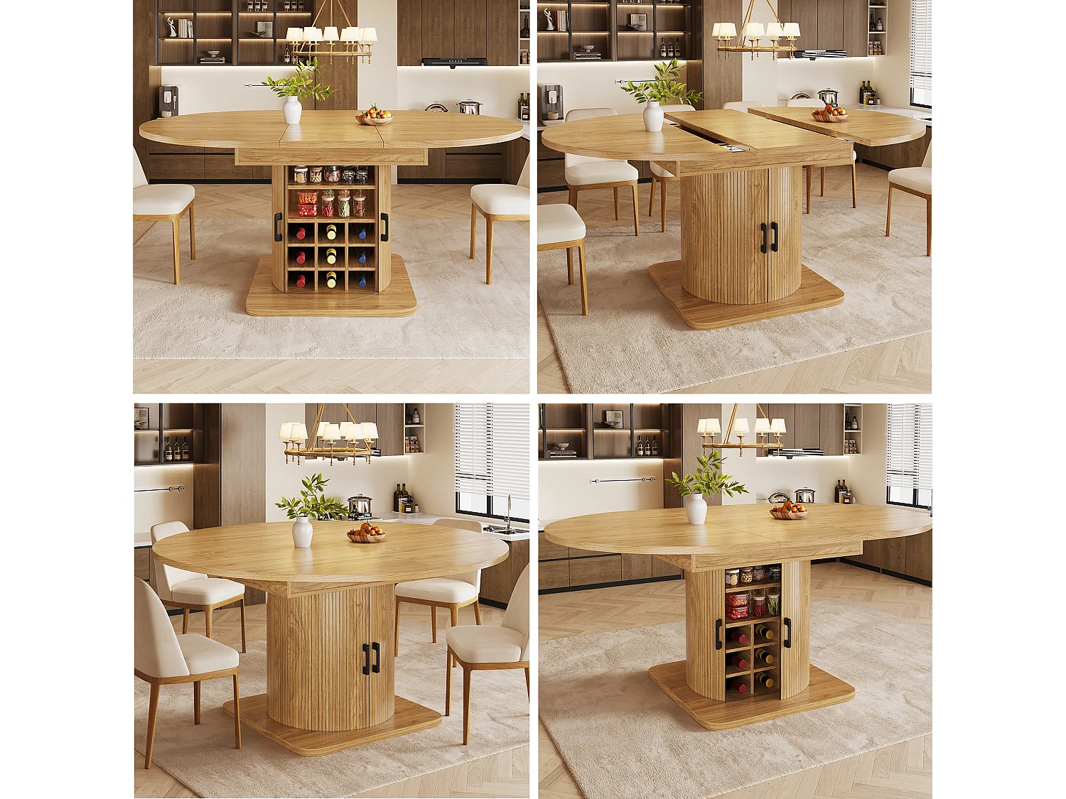 Table de salle à manger extensible - 118/158 x 118 x 76 cm - avec rangement + étagères amovibles - MDF + méral - naturel