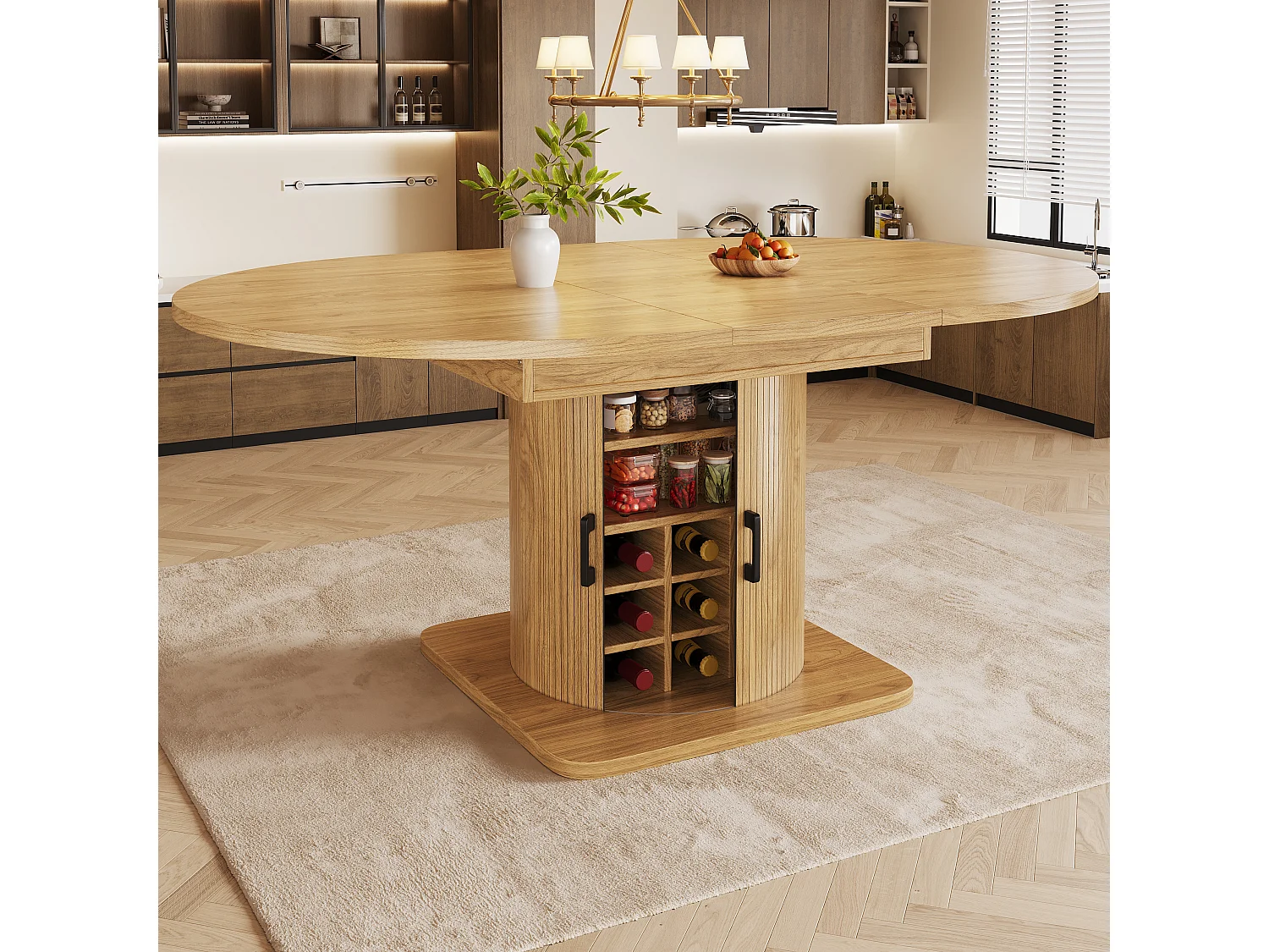 Table de salle à manger extensible - 118/158 x 118 x 76 cm - avec rangement + étagères amovibles - MDF + méral - naturel