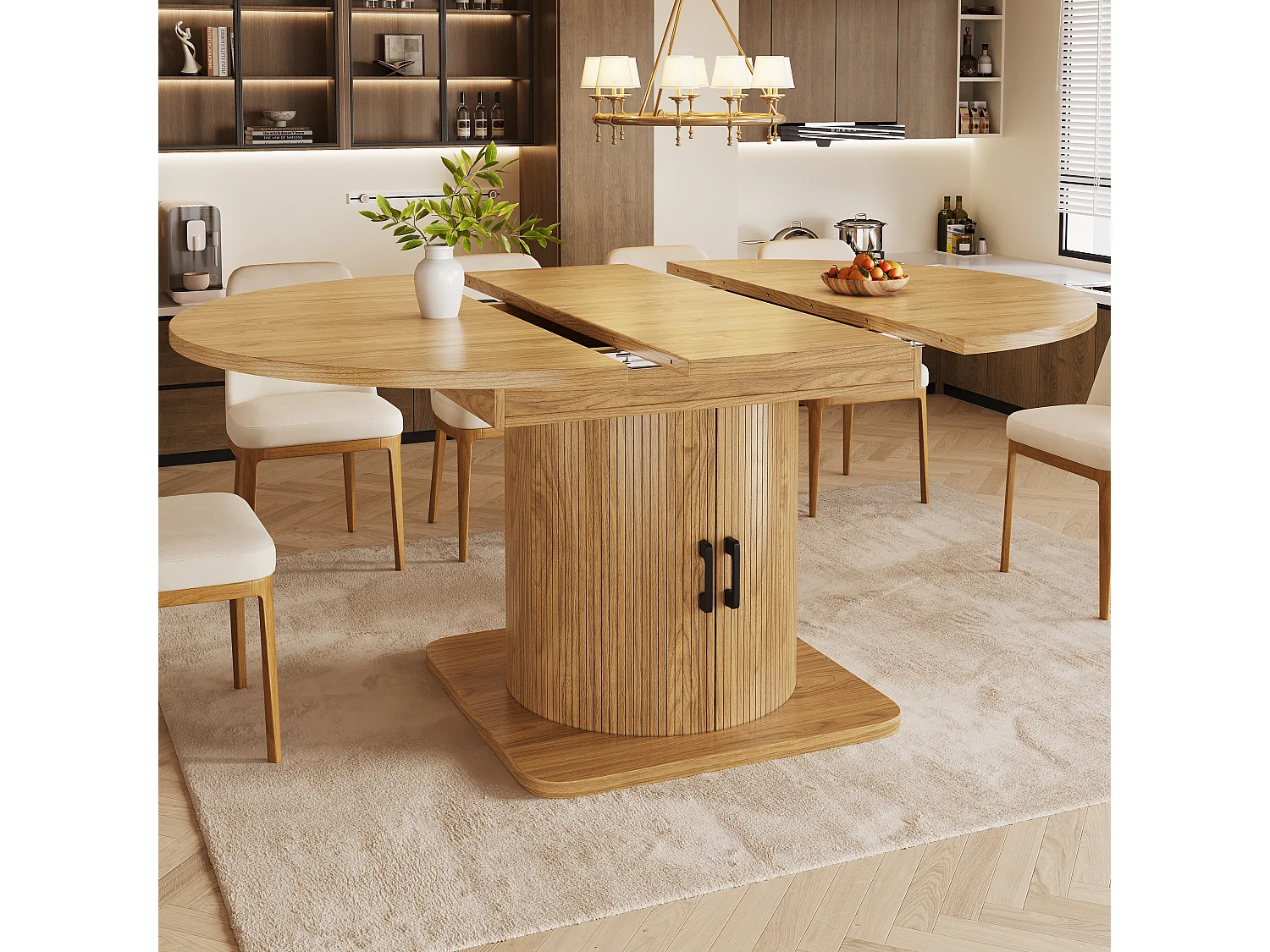 Table de salle à manger extensible - 118/158 x 118 x 76 cm - avec rangement + étagères amovibles - MDF + méral - naturel