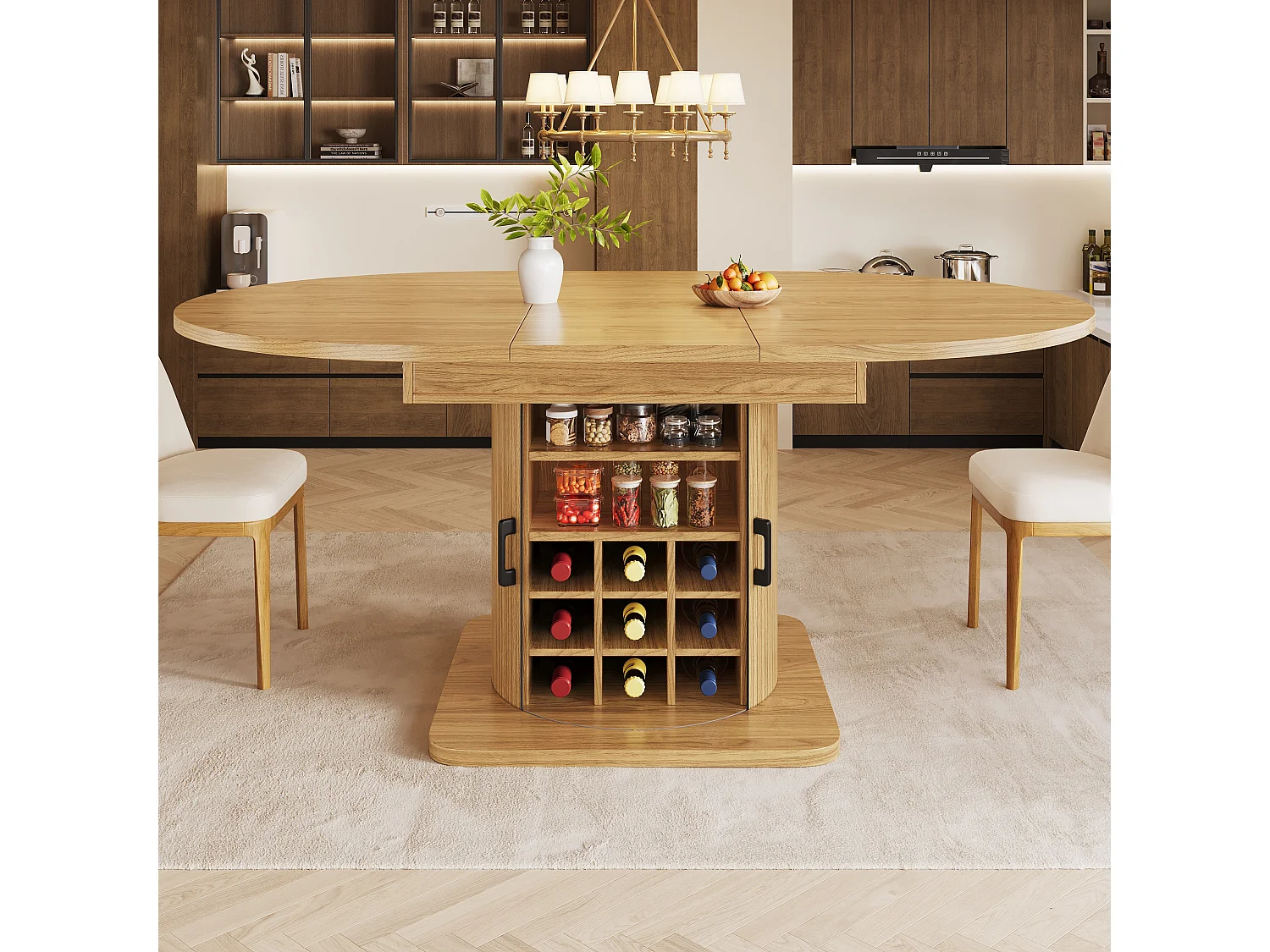Table de salle à manger extensible - 118/158 x 118 x 76 cm - avec rangement + étagères amovibles - MDF + méral - naturel