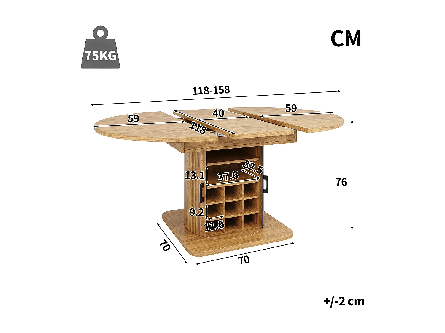 Table de salle à manger extensible - 118/158 x 118 x 76 cm - avec rangement + étagères amovibles - MDF + méral - naturel
