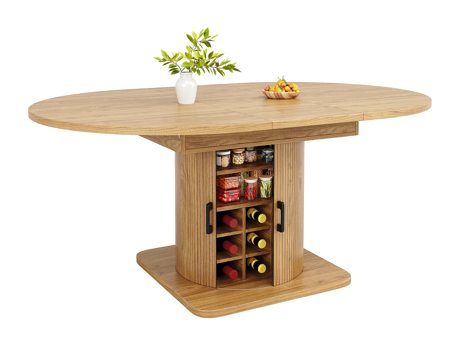 Table de salle à manger extensible - 118/158 x 118 x 76 cm - avec rangement + étagères amovibles - MDF + méral - naturel