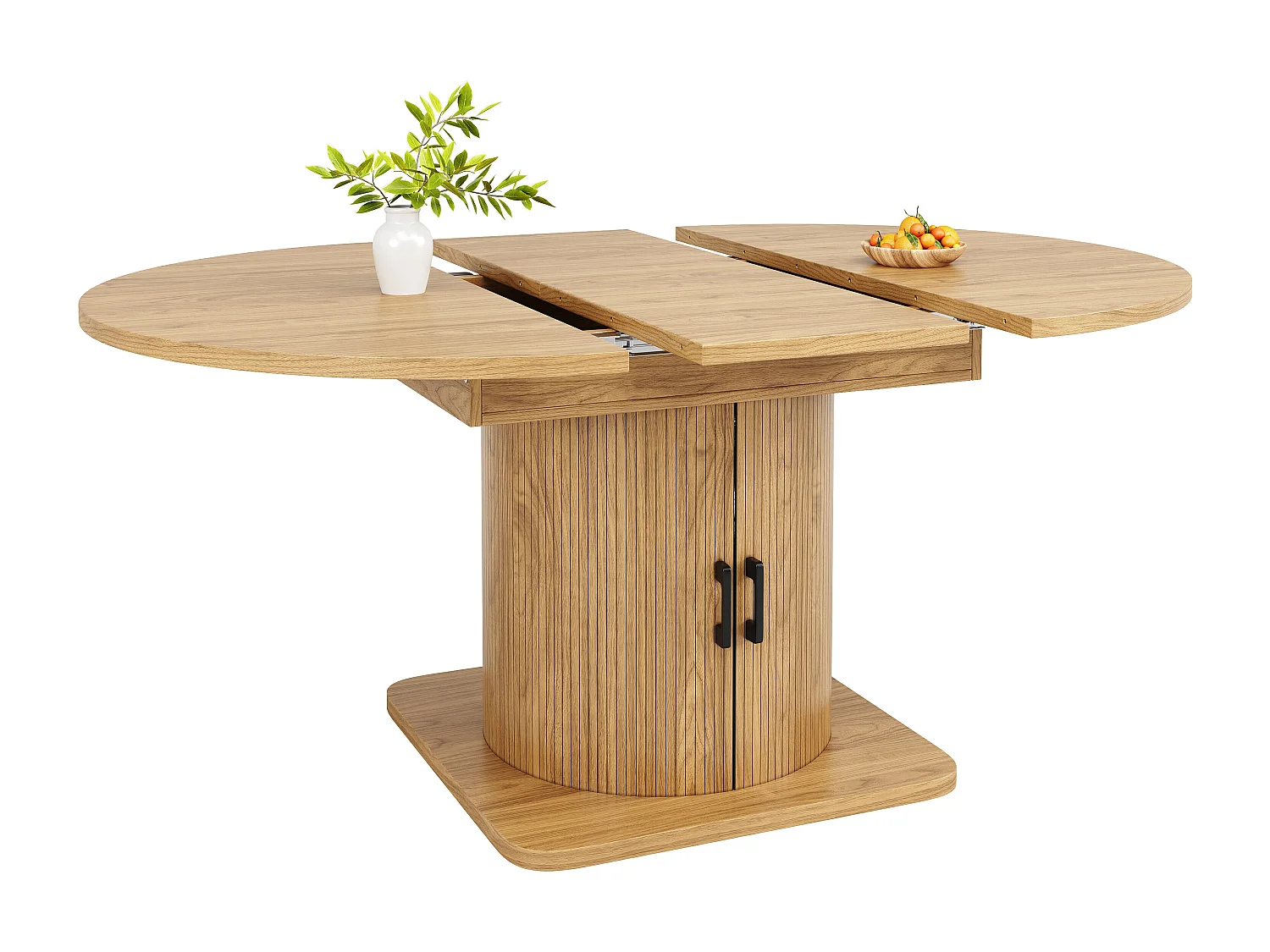 Table de salle à manger extensible - 118/158 x 118 x 76 cm - avec rangement + étagères amovibles - MDF + méral - naturel