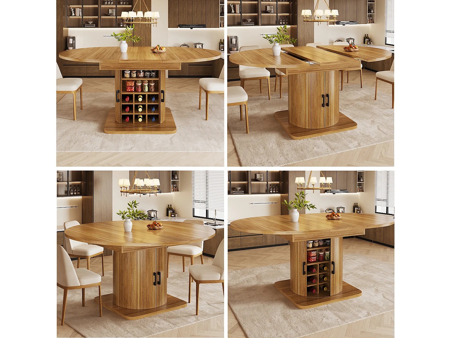 Table de salle à manger extensible - 118/158 x 118 x 76 cm - avec rangement + étagères amovibles - MDF + méral - marron