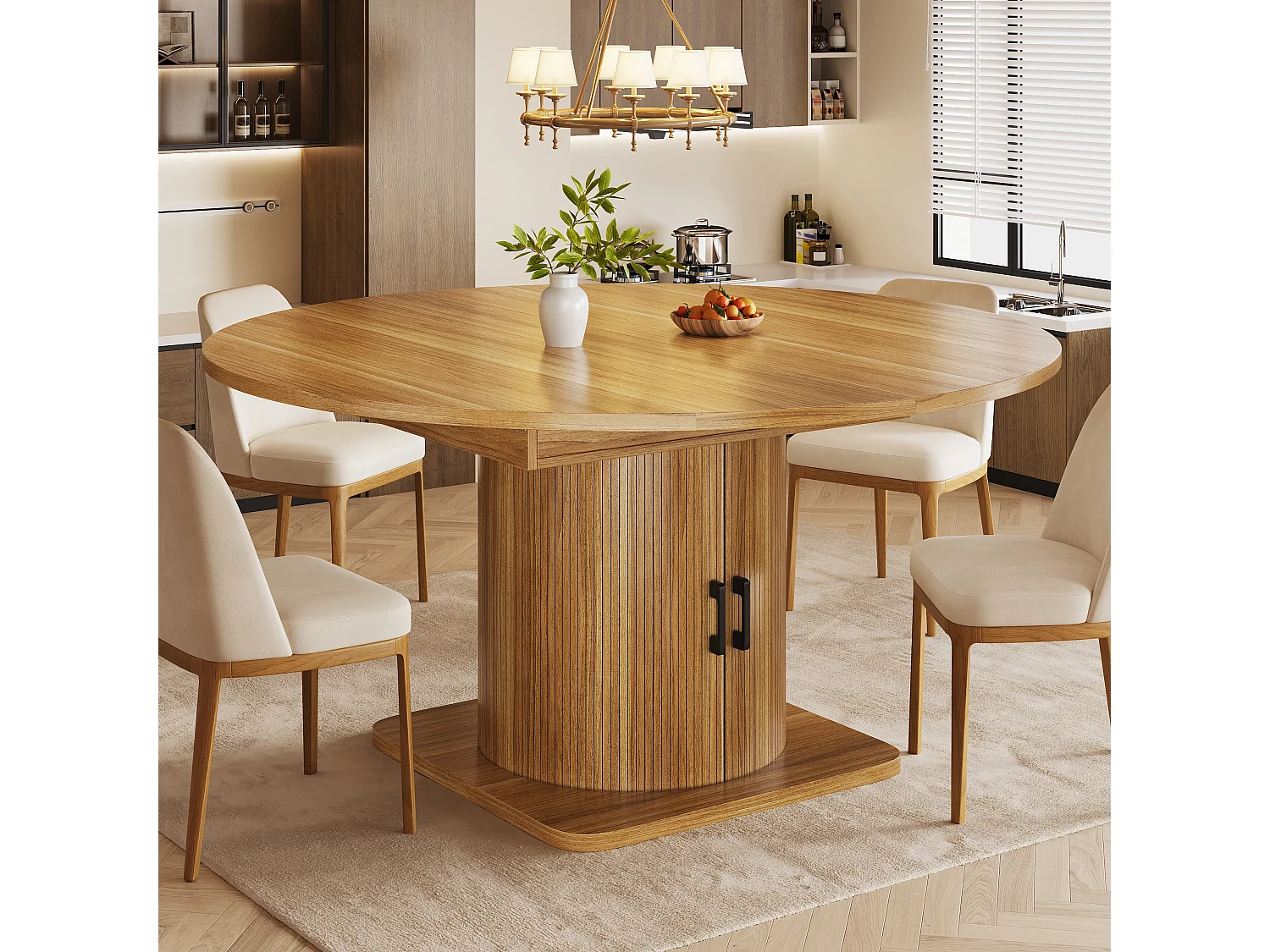 Table de salle à manger extensible - 118/158 x 118 x 76 cm - avec rangement + étagères amovibles - MDF + méral - marron