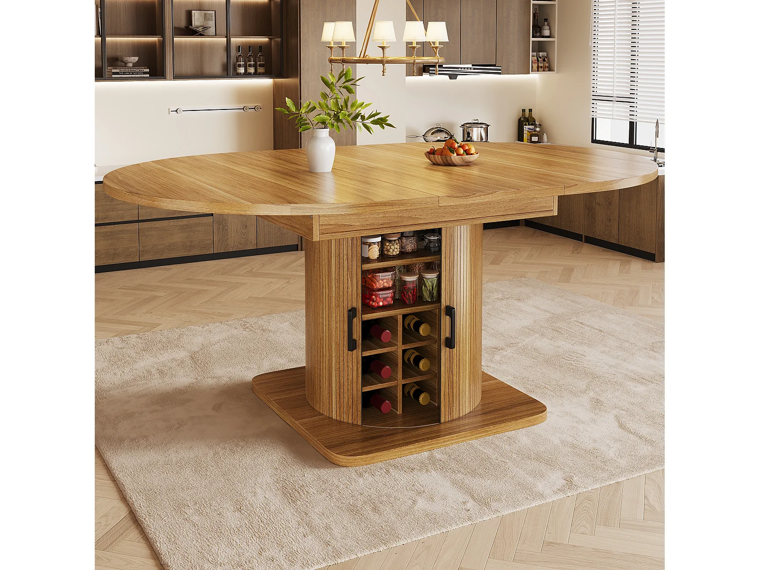 Table de salle à manger extensible - 118/158 x 118 x 76 cm - avec rangement + étagères amovibles - MDF + méral - marron