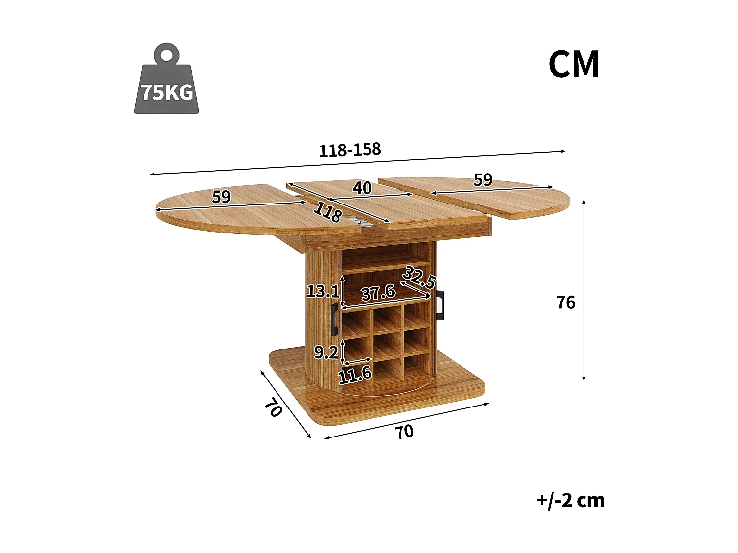 Table de salle à manger extensible - 118/158 x 118 x 76 cm - avec rangement + étagères amovibles - MDF + méral - marron