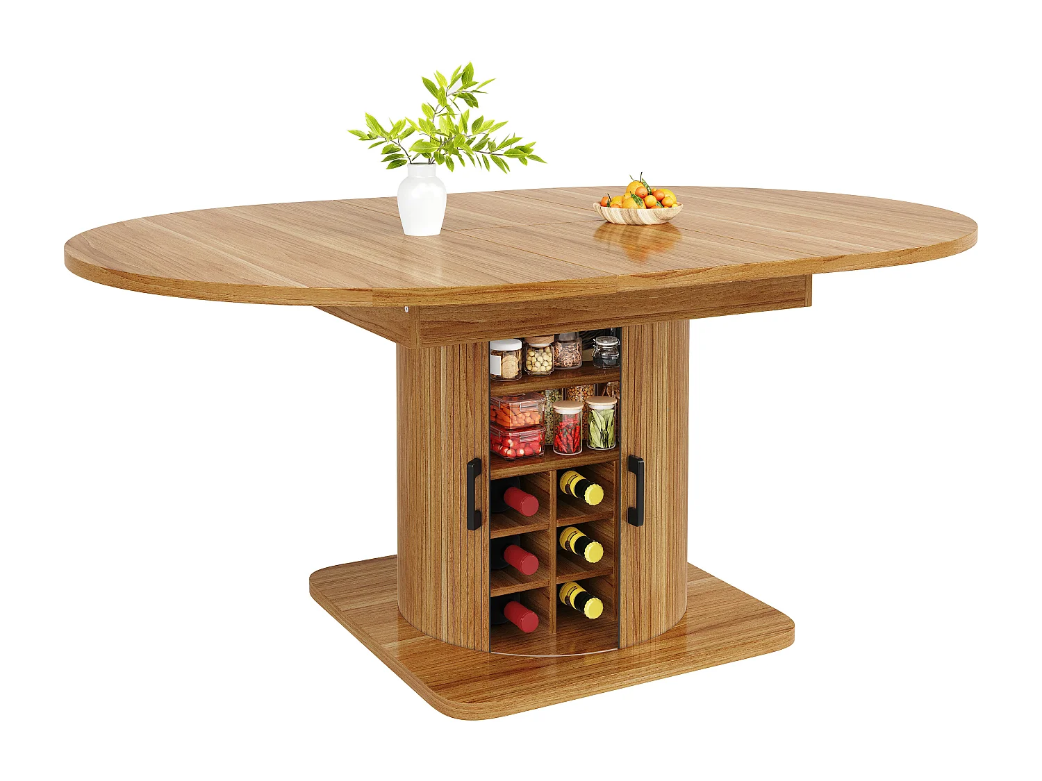 Table de salle à manger extensible - 118/158 x 118 x 76 cm - avec rangement + étagères amovibles - MDF + méral - marron