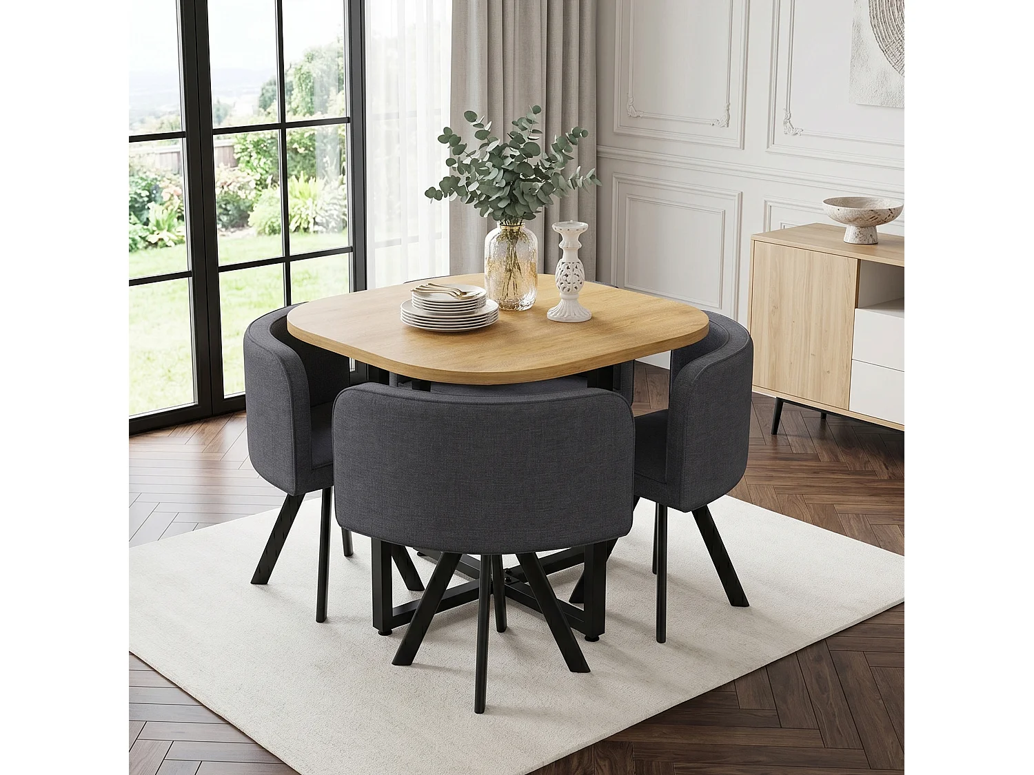 Ensemble table et chaises 5 pièces - avec 1 table (85 x 85 cm) + 4 chaises - Lin + MDF - gris + naturel