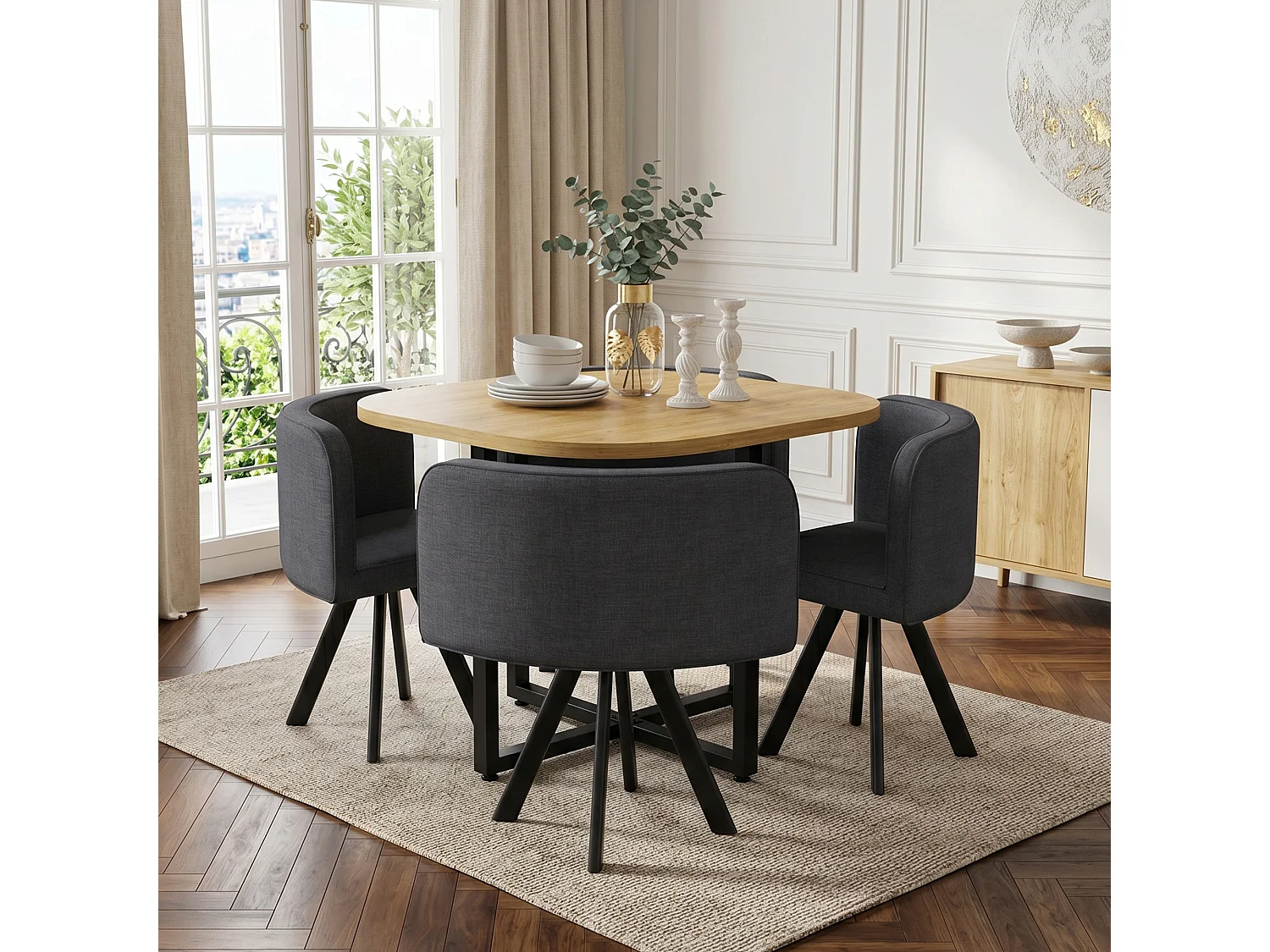 Ensemble table et chaises 5 pièces - avec 1 table (85 x 85 cm) + 4 chaises - Lin + MDF - gris + naturel