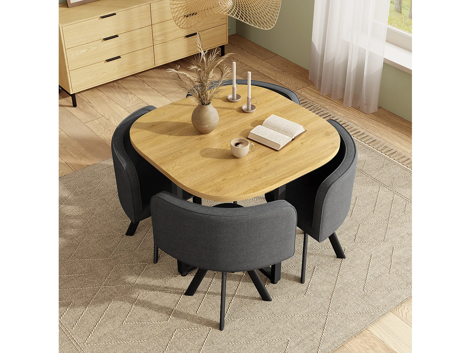 Ensemble table et chaises 5 pièces - avec 1 table (85 x 85 cm) + 4 chaises - Lin + MDF - gris + naturel