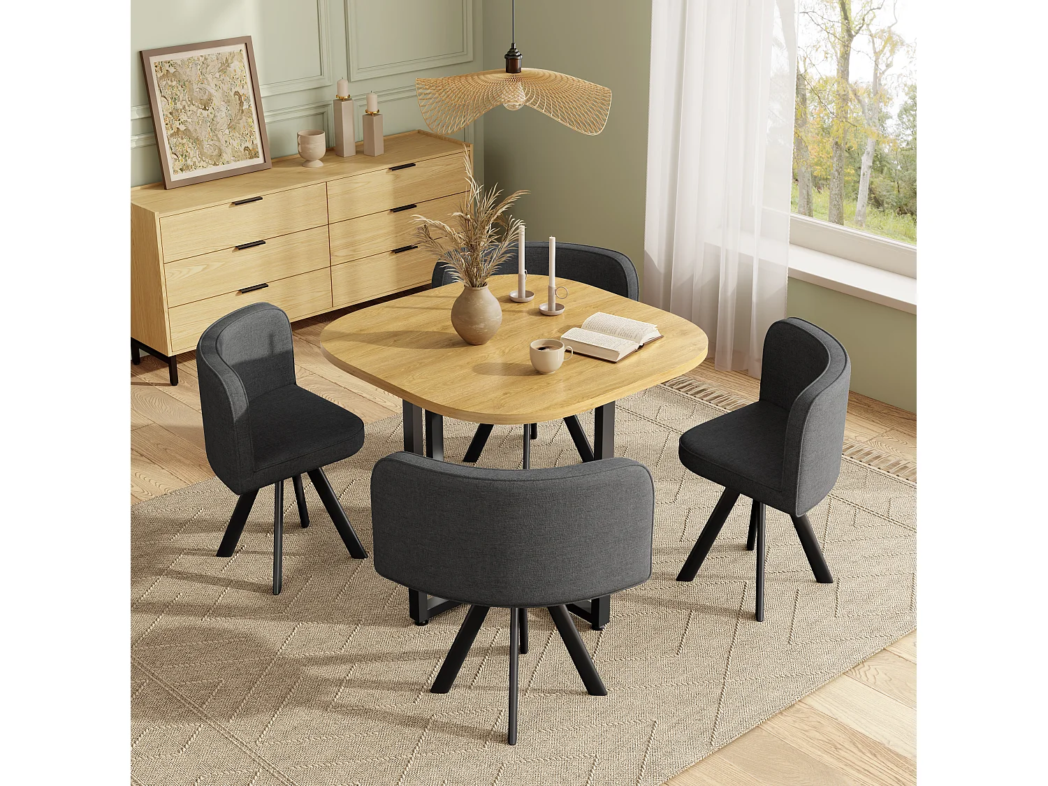 Ensemble table et chaises 5 pièces - avec 1 table (85 x 85 cm) + 4 chaises - Lin + MDF - gris + naturel