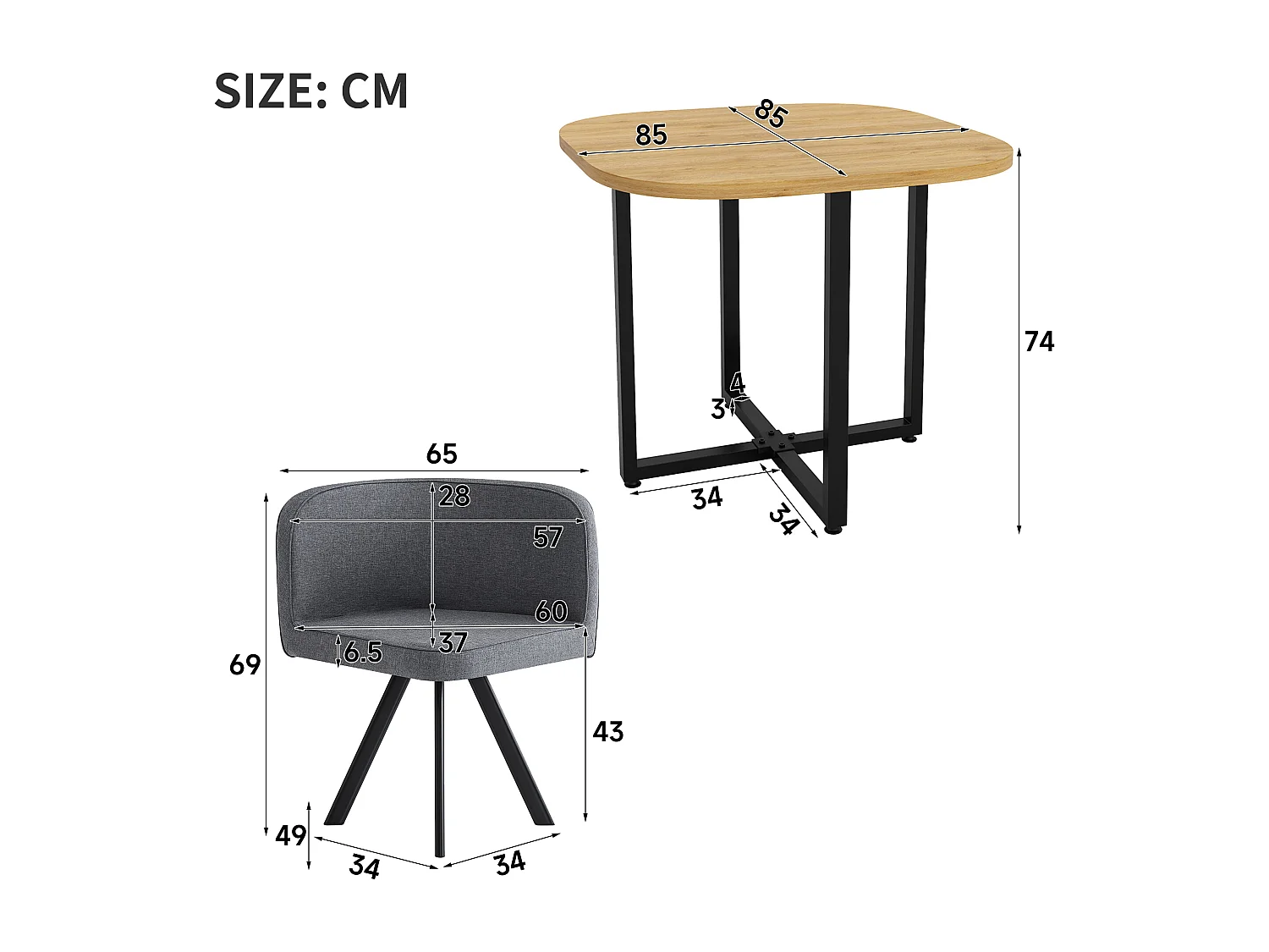 Ensemble table et chaises 5 pièces - avec 1 table (85 x 85 cm) + 4 chaises - Lin + MDF - gris + naturel