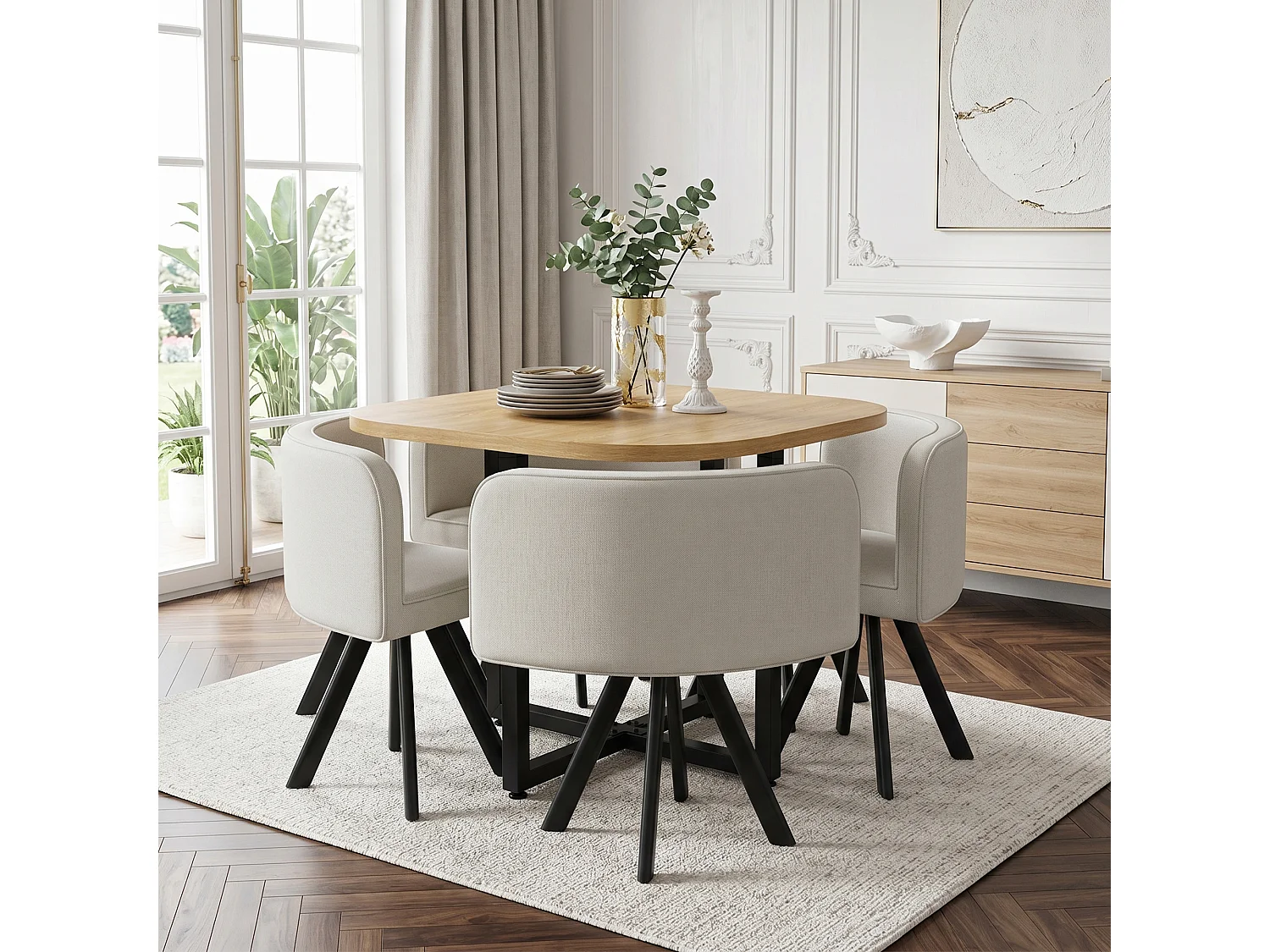 Ensemble table et chaises 5 pièces - avec 1 table (85 x 85 cm) + 4 chaises - Lin + MDF - beige + naturel
