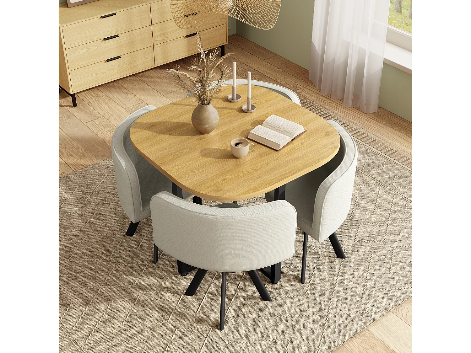 Ensemble table et chaises 5 pièces - avec 1 table (85 x 85 cm) + 4 chaises - Lin + MDF - beige + naturel